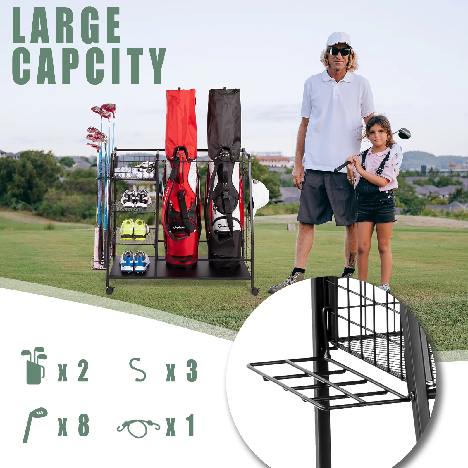 Golf Storage Rack - Garage Organizer with Side Golf Clubs Holder - Extra Large Golf Bag Stand for 2 Golf Bags - Golf Accessories Organizer with Wheels and Leveling Feet - Easy Assemble