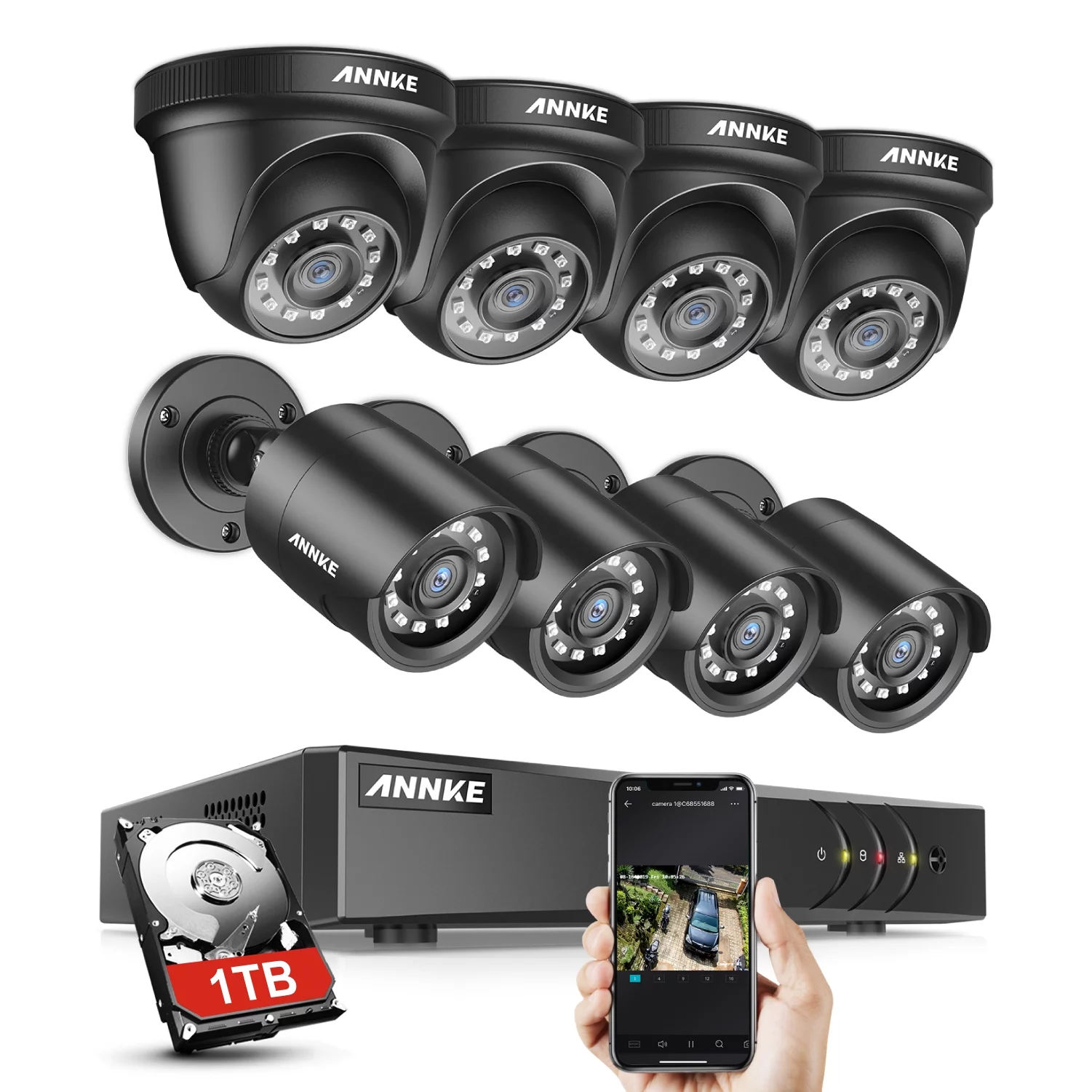 ANNKE Security Camera System CCTV,8 Channel 5-in-1 DVR with 1TB Hard Drive,8pcs Wired 1080p HD Indoor Outdoor Cameras with IR Night Vision