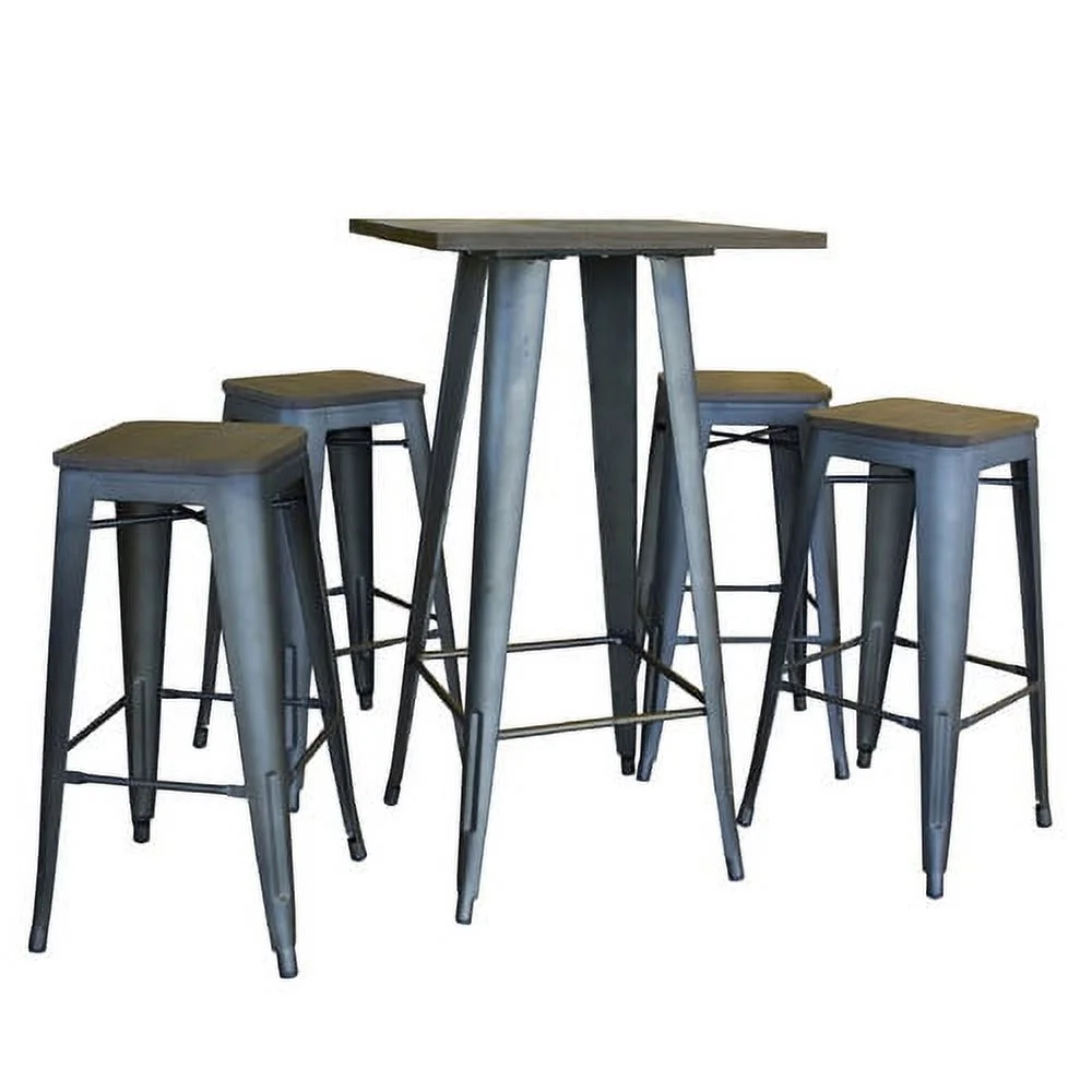 AmeriHome 5 Piece Dark Elm Finish Wood Top Bar Table with 4 Black Finish Metal Backless Bar Stools