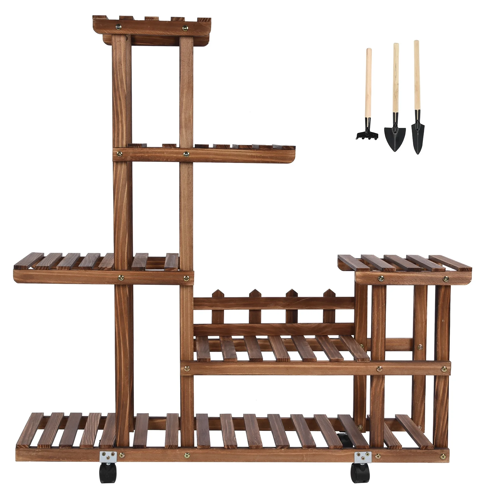 Wooden Plant Stand with Wheels Flower Pot Shelf Display Rack for Indoor Outdoor Garden