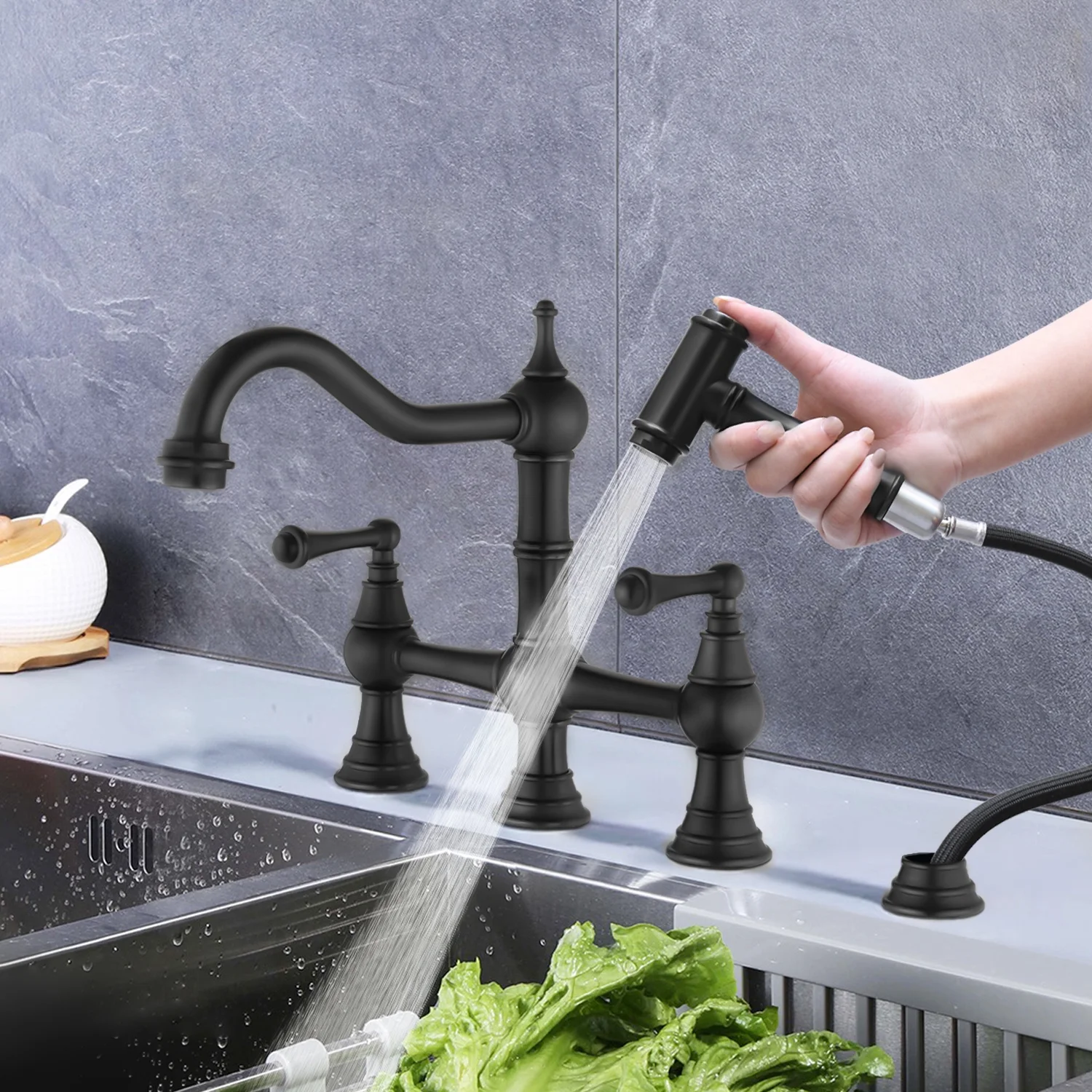 YLtoohoom Bridge Dual Handles Kitchen Faucet With Pull-Out Side Spray in