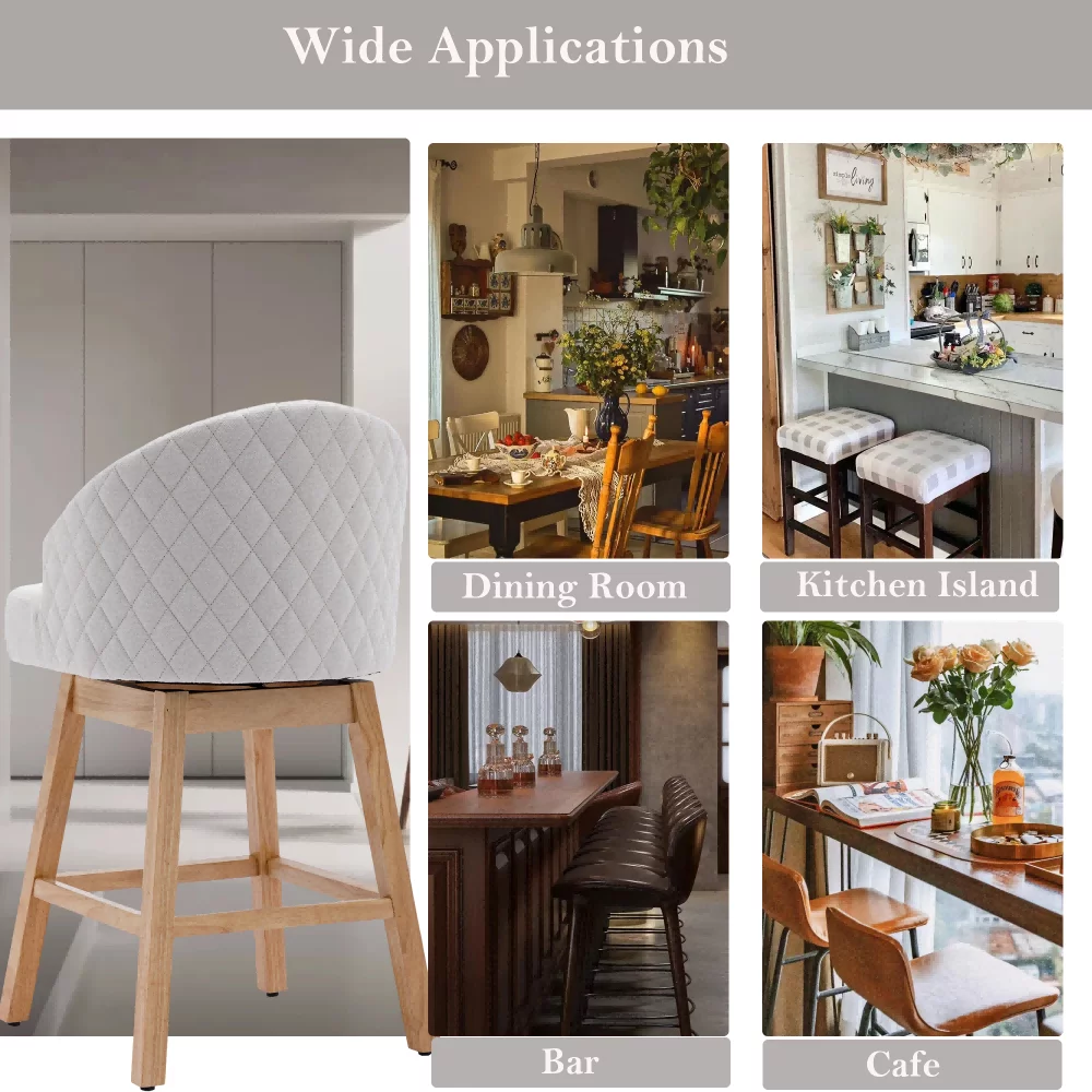 360 Degree Swivel Bar Stools, Counter Height Barstools, Modern Upholstered Bar Stools with Nailhead Trim Bar Chairs, 27 Inch Kitchen Island Bar Chair, Solid Wood Legs(Beige Linen,Set of 8)