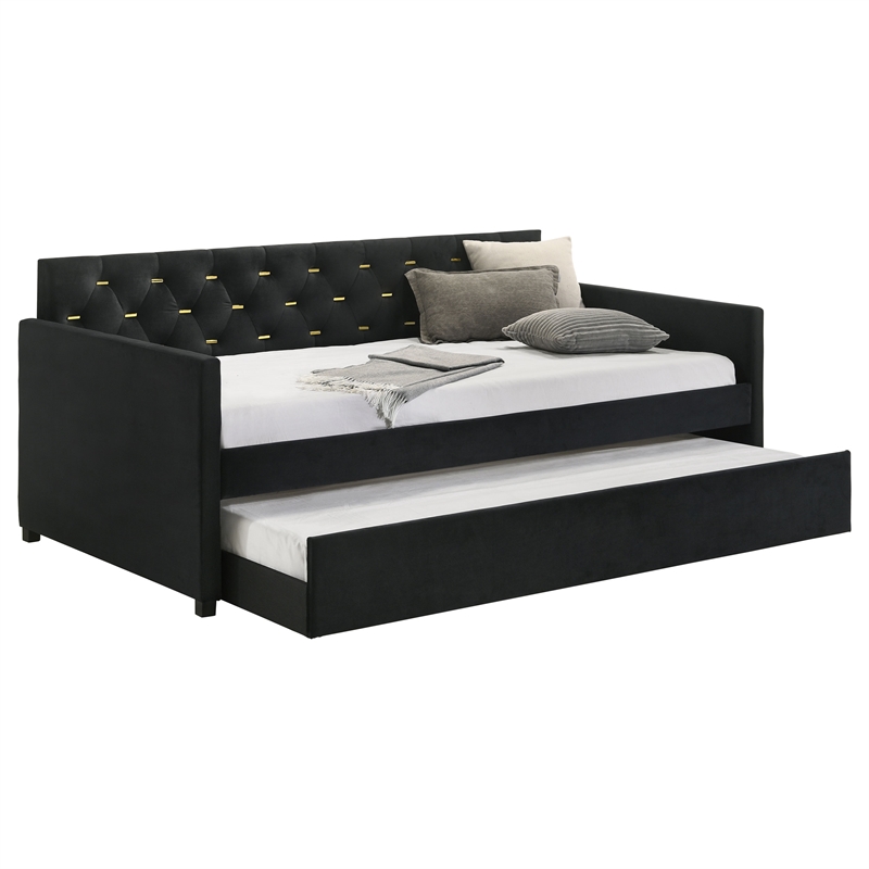 Pemberly Row Velvet Upholstered Tufted Twin Daybed with Trundle Black