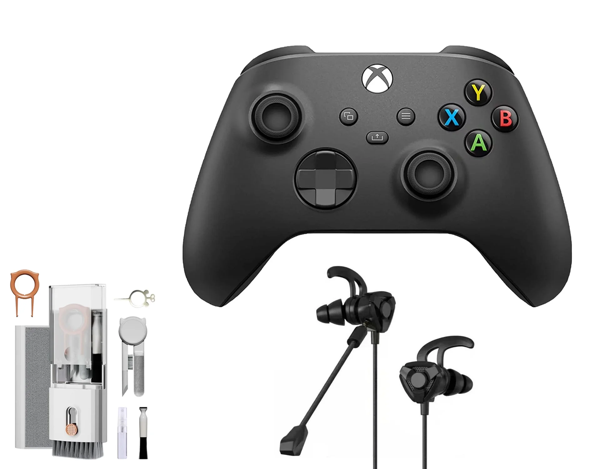 Microsoft Xbox Wireless Carbon Black Controller for Xbox Console + Wired Earbuds With Cleaning Kit BOLT AXTION Bundle Used
