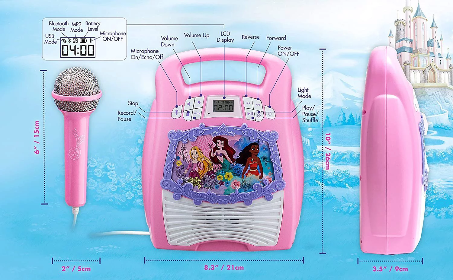 Disney Princess Karaoke Machine for Kids with Microphone and Bluetooth Speaker