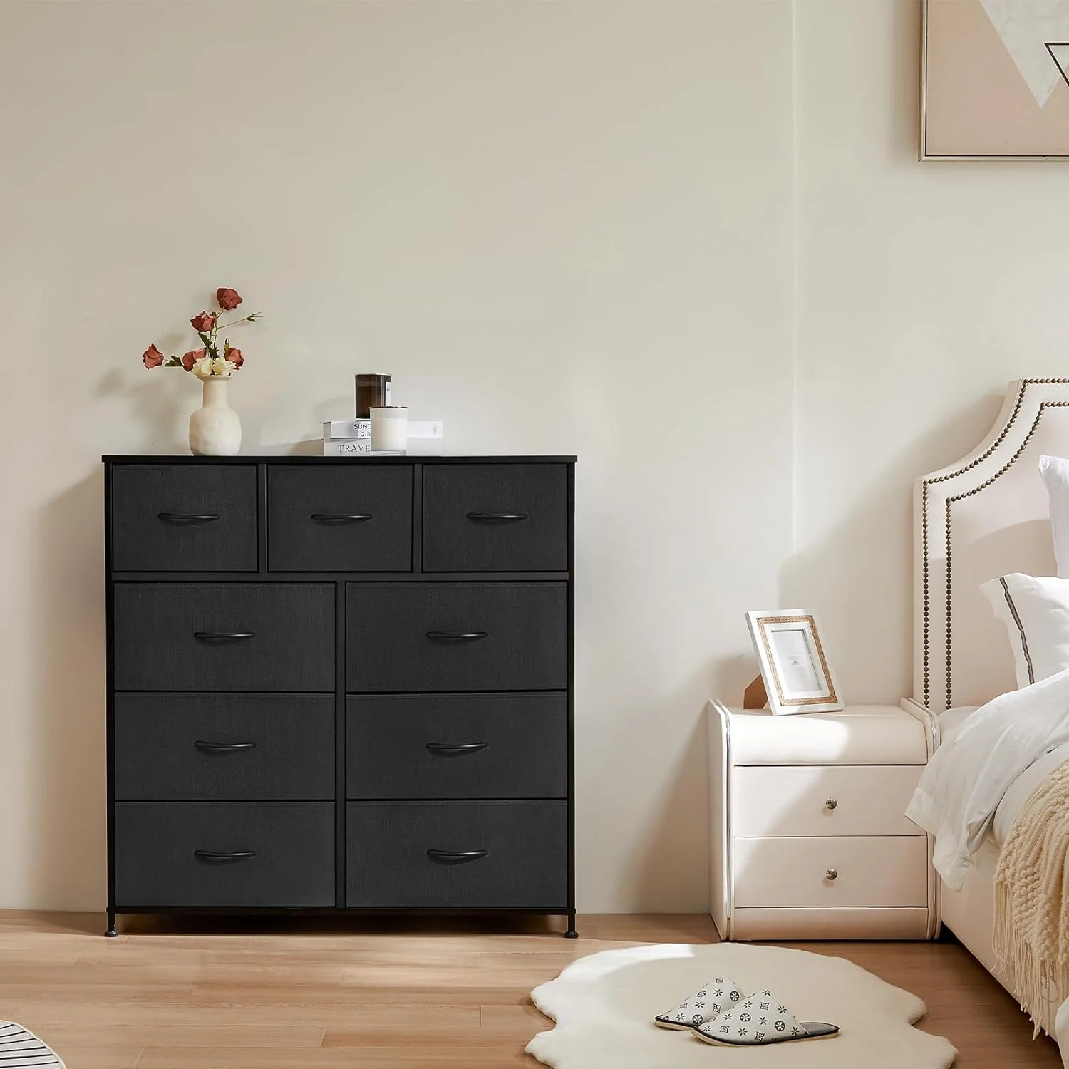 Dresser for Bedroom with 9 Fabric Drawers, Tall Chest Organizer Units for Clothing, Closet, Kidsroom, Storage Tower with Cabinet, Metal Frame, Wooden Top, Lightweight Nursery Furniture, Black
