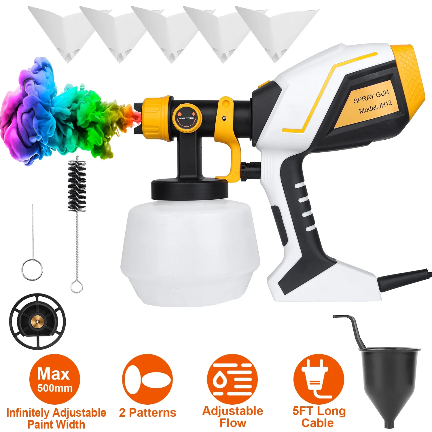 Electric Paint Sprayer, iMounTEK 500W HVLP Spray Paint Gun, 2 Spray Patterns, Easy to Clean, 1200ML Detachable Container for Home Interior and Exterior/Fence/Cabinets/Furniture/Walls/Ceiling