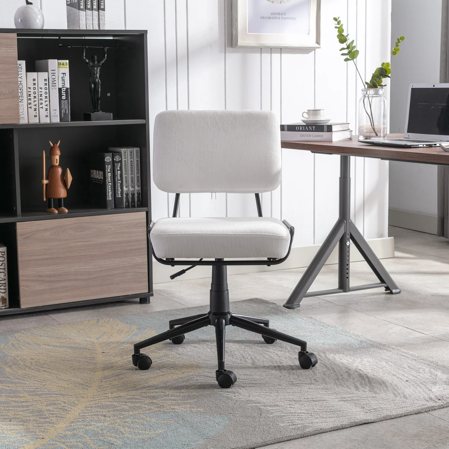 Comfy and Stylish Corduroy Task Chair with Adjustable Height  Swivel Feature  and Wheels  White Desk Chair Ideal for Adults and Teens Seeking Comfort in Home Office  Bedroom  or Study Roo