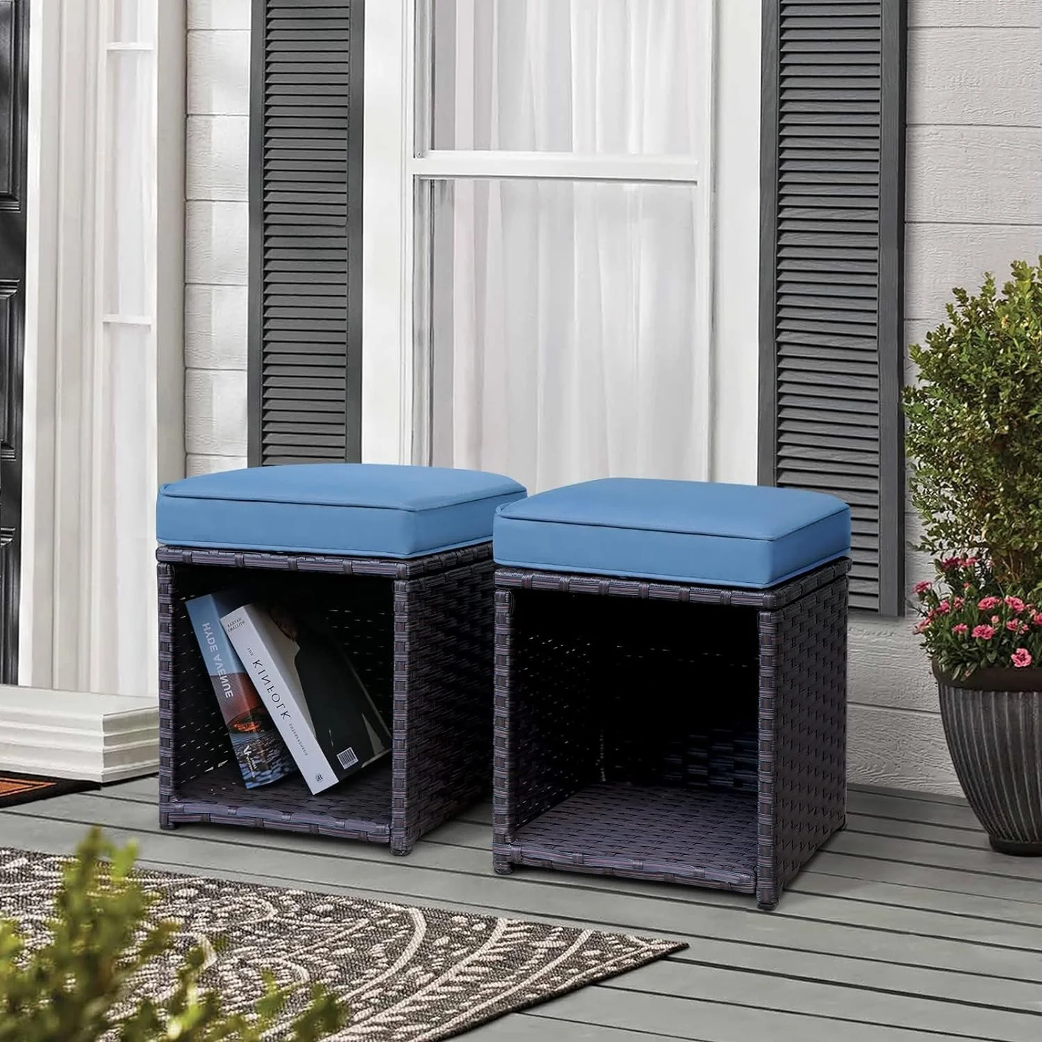 U-SHARE Outdoor Patio Ottoman Set of 2, All Weather PE Rattan Wicker Ottoman Set, 2 Piece Outdoor Footstool Footrest Seat with Removable Cushions Storage Space, Aegean Blue