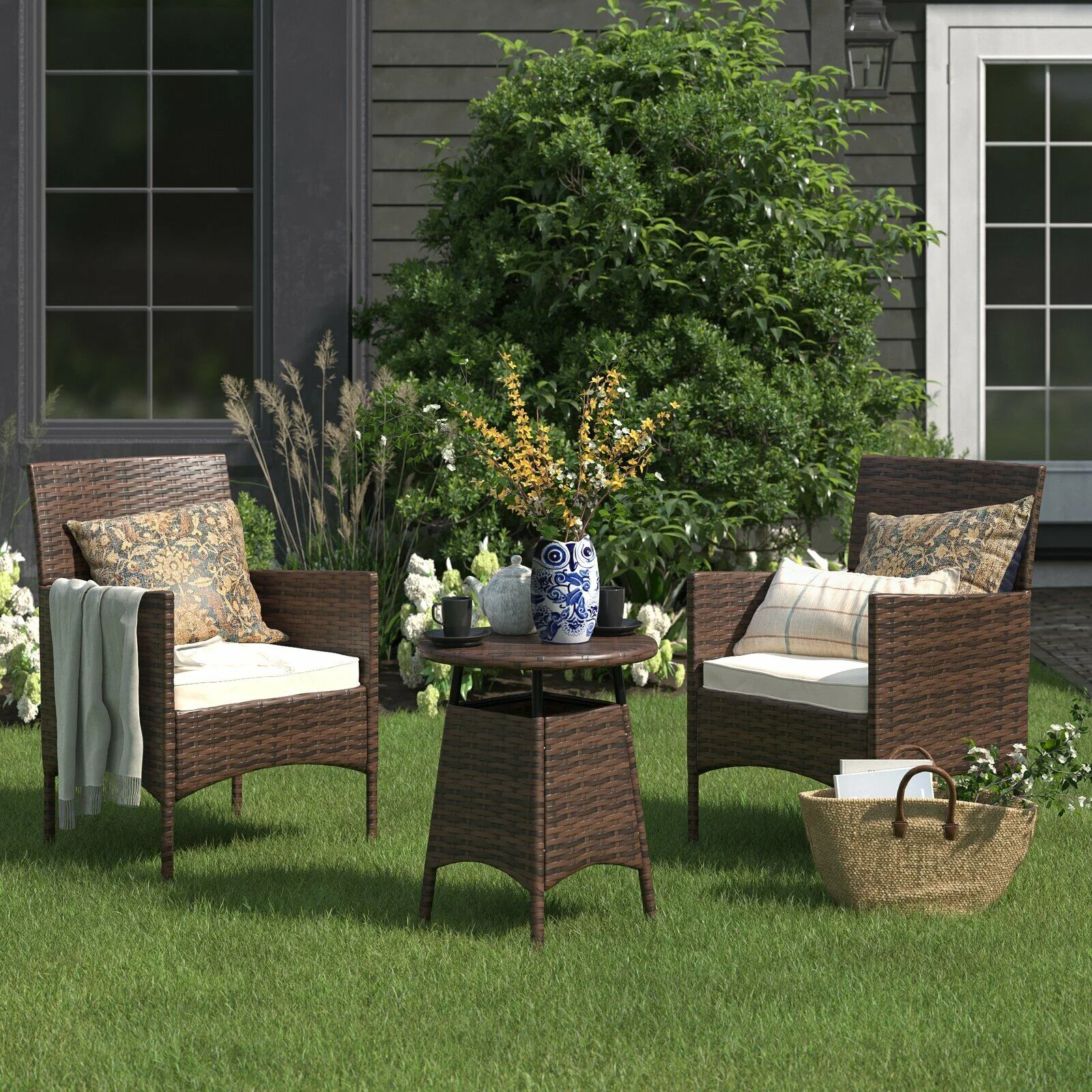 3 Pcs Outdoor Wicker Chair Set Rattan Patio Furniture Cushions Seat