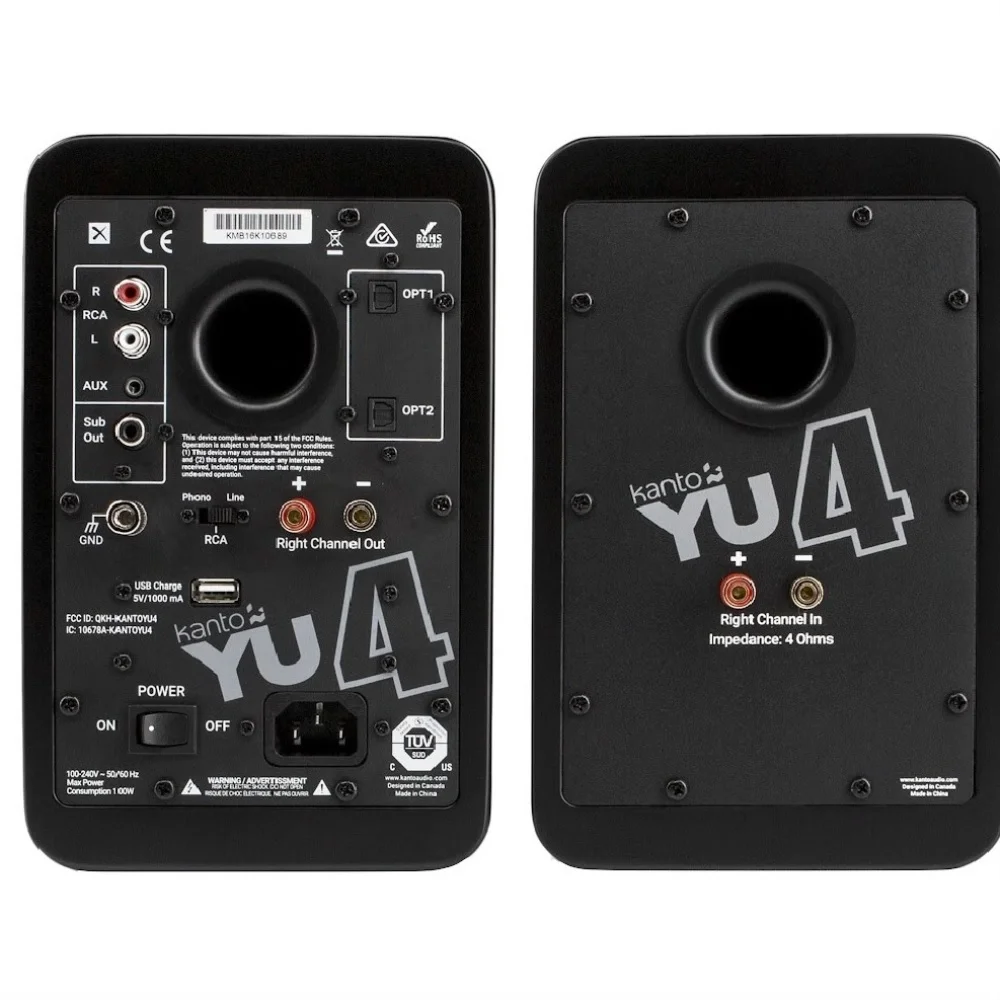 Kanto YU4MB 140W Bookshelf Speakers with Bluetooth with Kanto S4 Angled Desktop Speaker Stands for Medium Speakers and an AT-LP120XUSB-BK Direct-Drive 3-Speed Manual USB Turntable (2022)