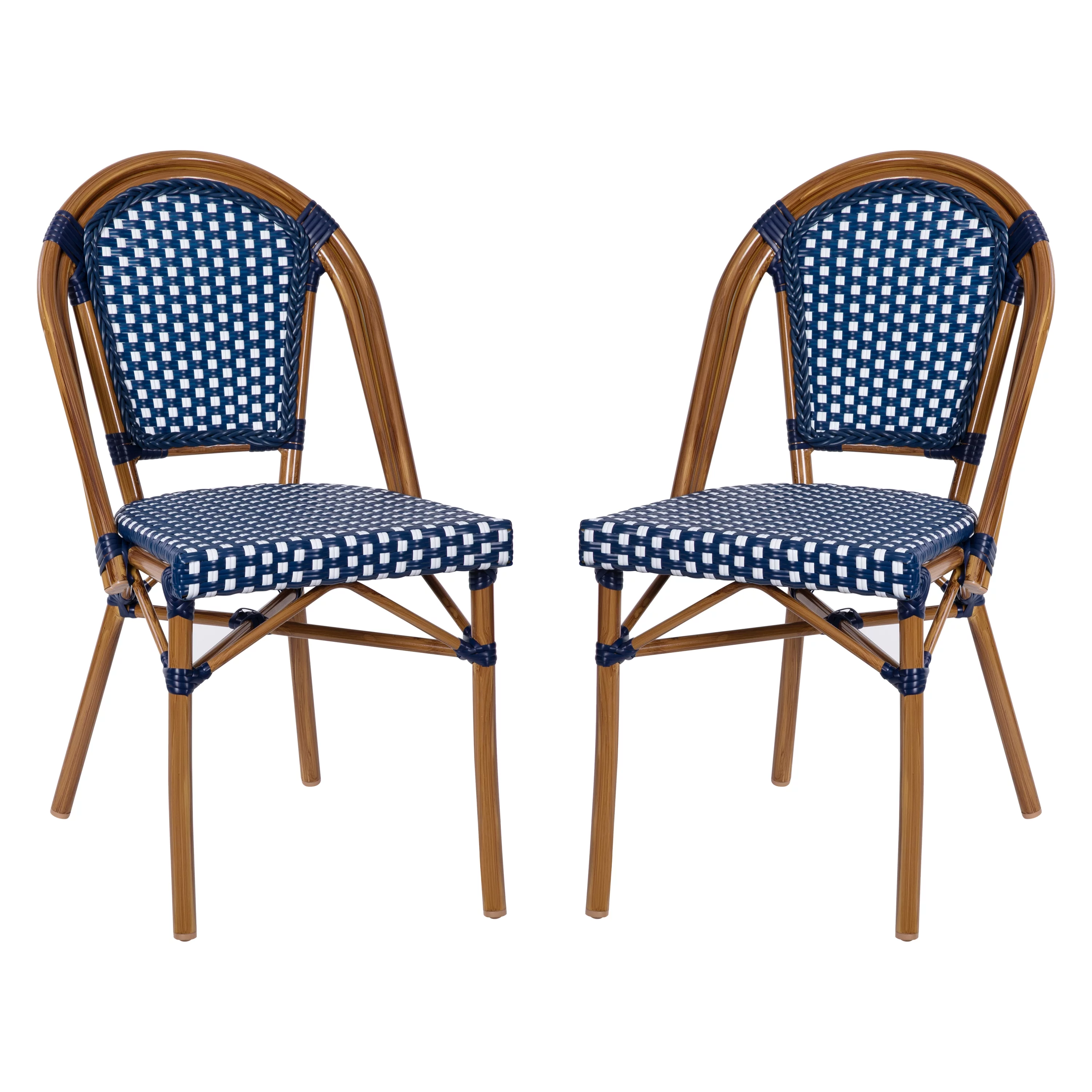 BizChair Set of 2 Indoor/Outdoor Commercial French Bistro Stacking Chairs, Navy/White PE Rattan Back and Seat, Bamboo Print Aluminum Frame in Natural