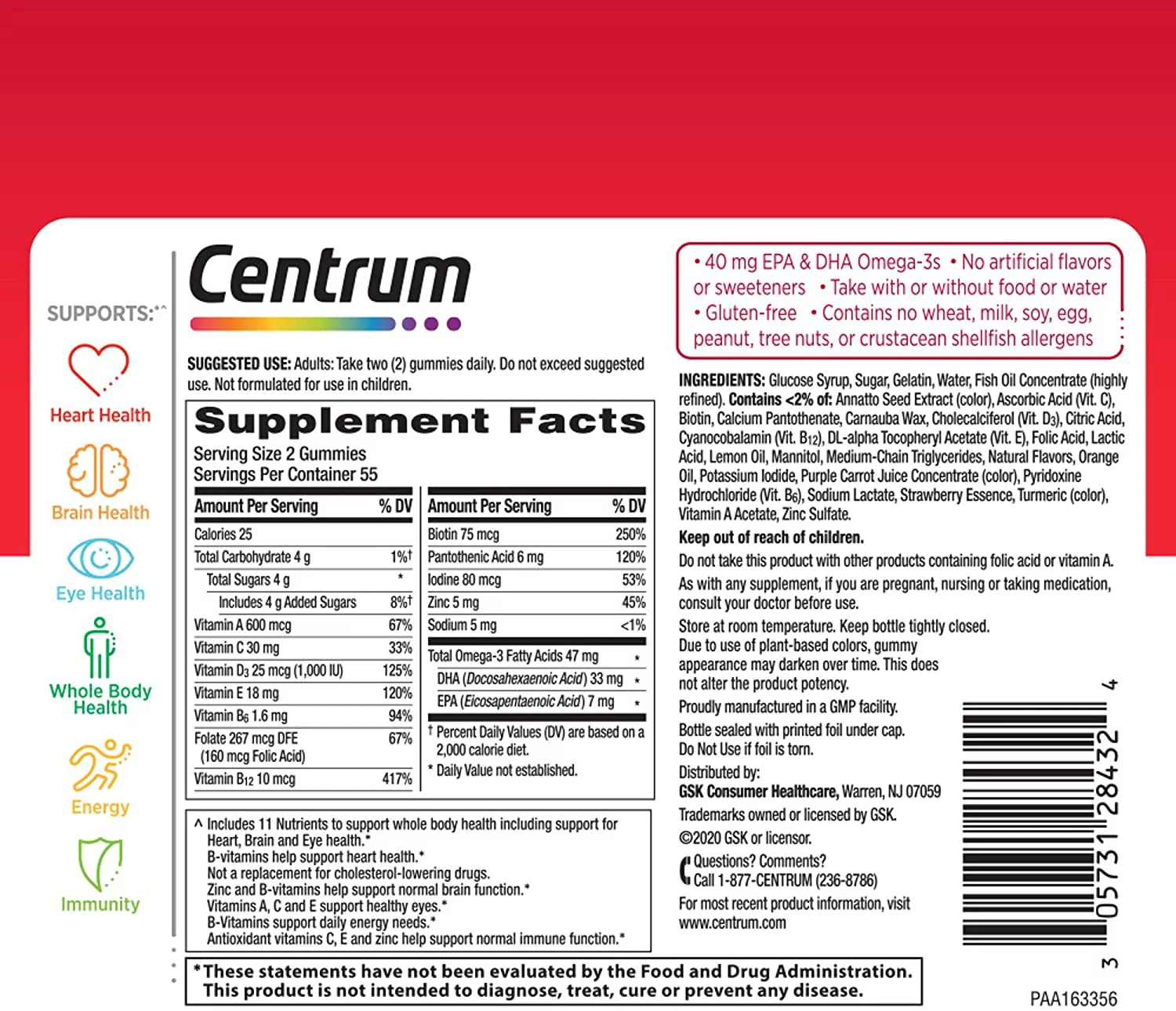 2 Pack - Centrum MultiGummies Omega 3 Gummy Multivitamin for Adults,