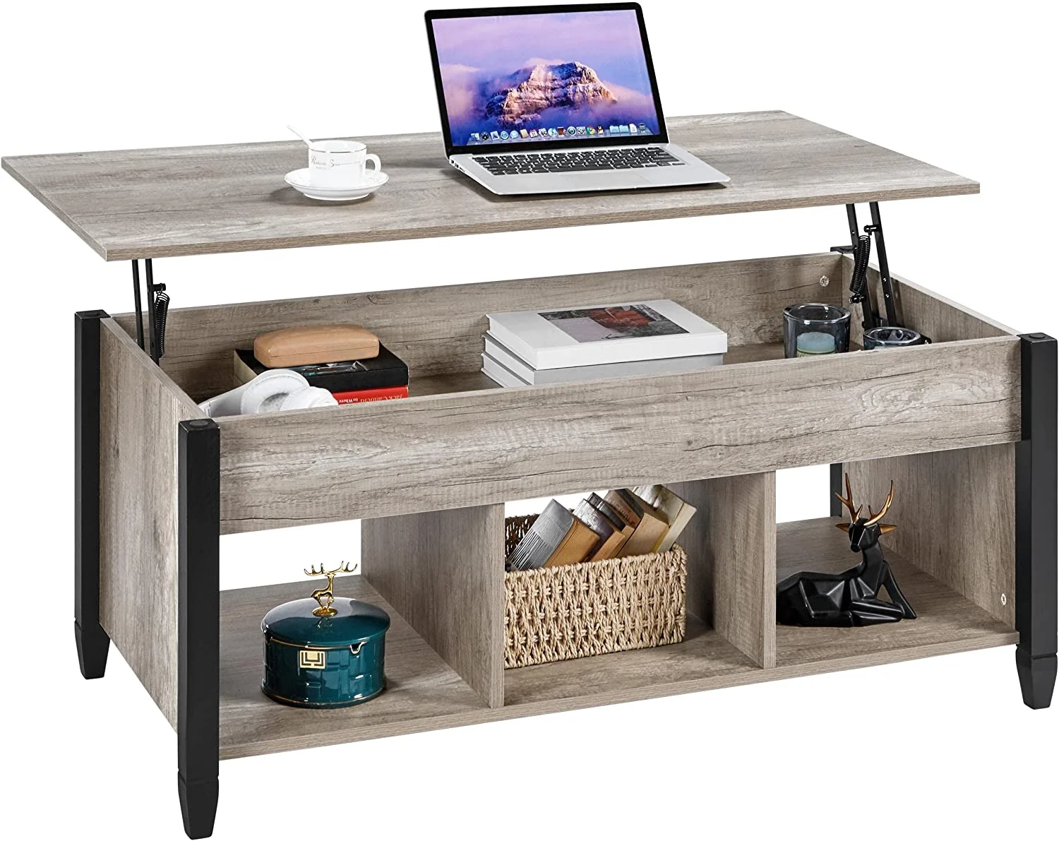 Gray Coffee Table, 47.5in Lift Top Coffee Table with Storage Hidden Compartment and 3 Open Shelves, Wooden Rustic Rising Center Table for Living Room