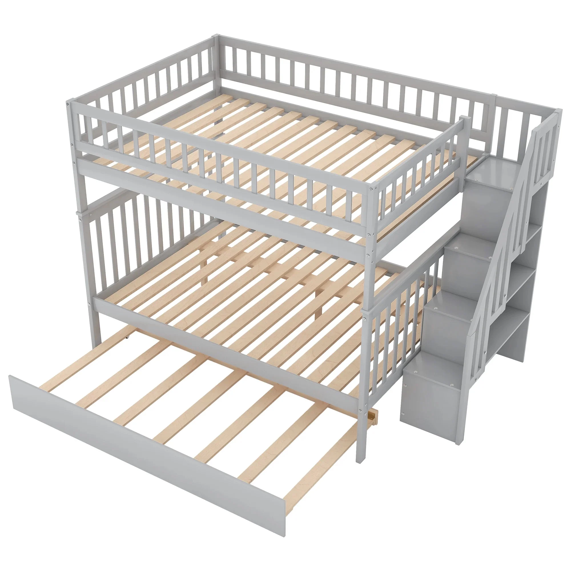 Living Pavilion Full over Full Bunk Bed with Trundle and Staircase,Pine wood MDF, Gray