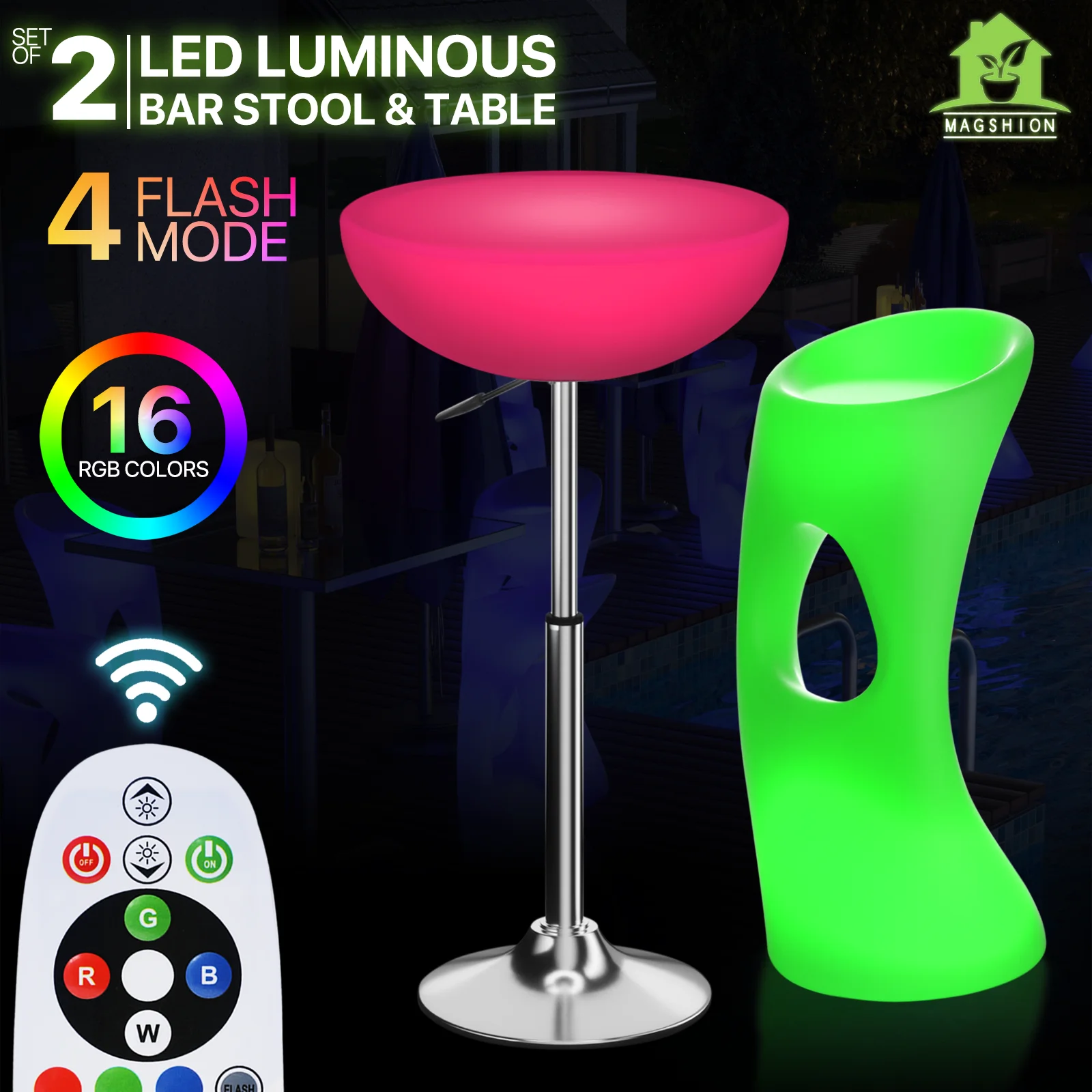 Magshion LED Light Up Bar Table + Stool, 16 Color Changing Rechargeable Adjustable Height Table and Barstool with Remote Control for Club Party Cocktail