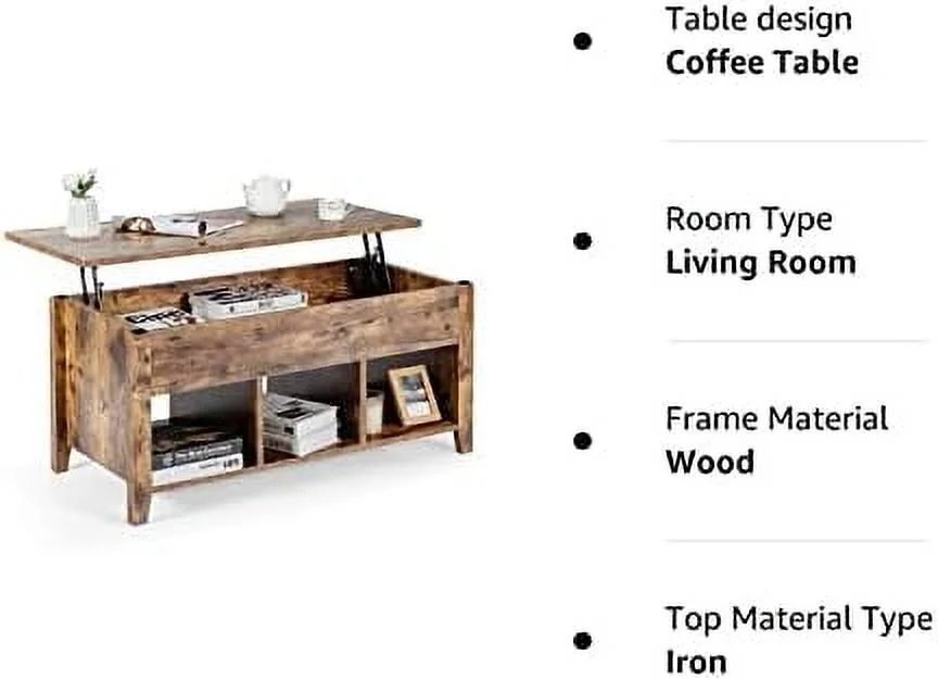 YPDCHB Lift Top Coffee Table  Wood Home Living Room Modern Lift Top  Coffee Table w/Hidden Compartment Lift Tabletop  (Rustic Brown)