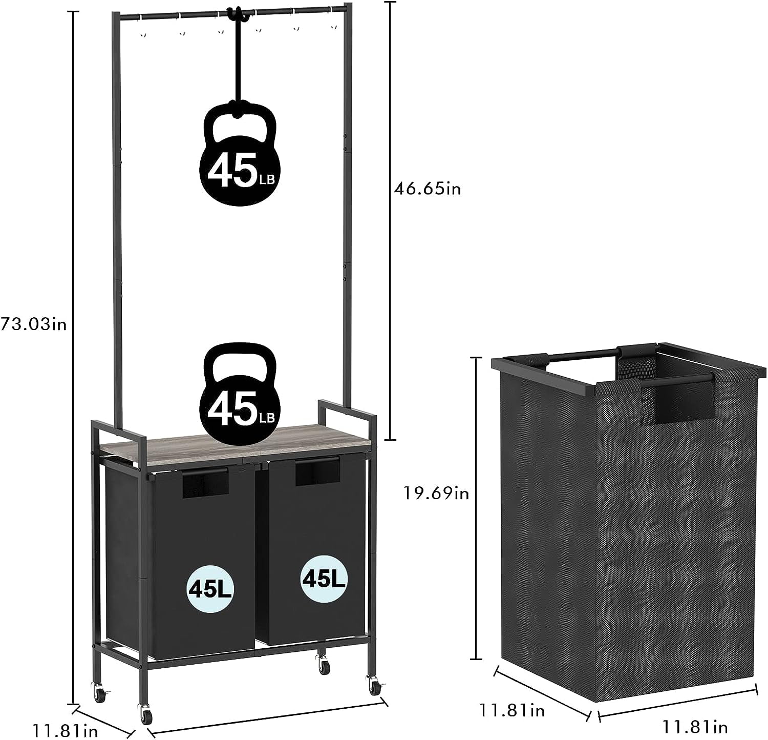 Rolling Laundry Sorter Hamper 2 Section with Shelf and Hanging Bar, Gray