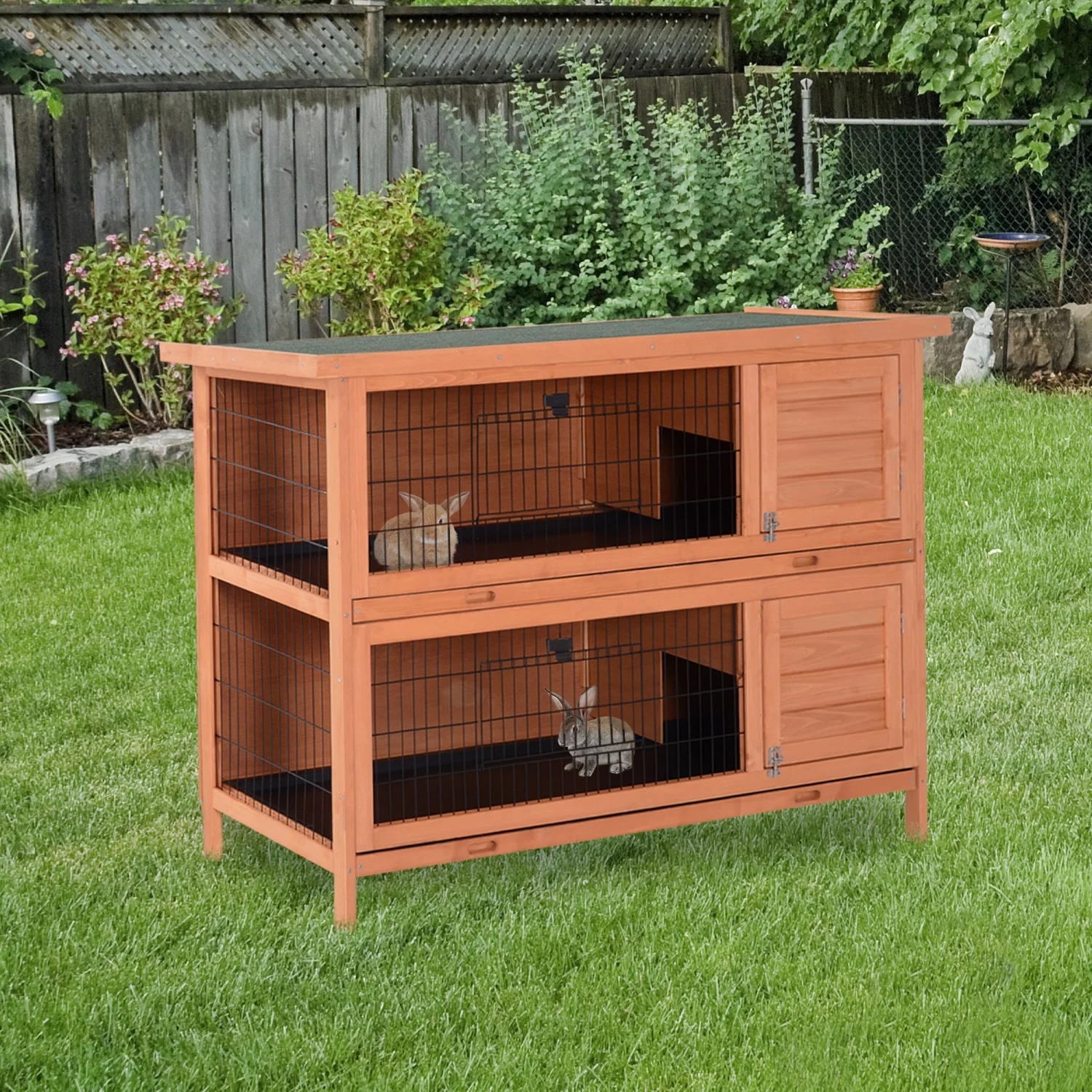 JHOOTUUO PawHut 54” 2-Story Large Rabbit Hutch Bunny Cage Wooden Pet House Small Animal  with Lockable Doors  No Leak Tray and waterproof Roof for Outdoor/Indoor Orange