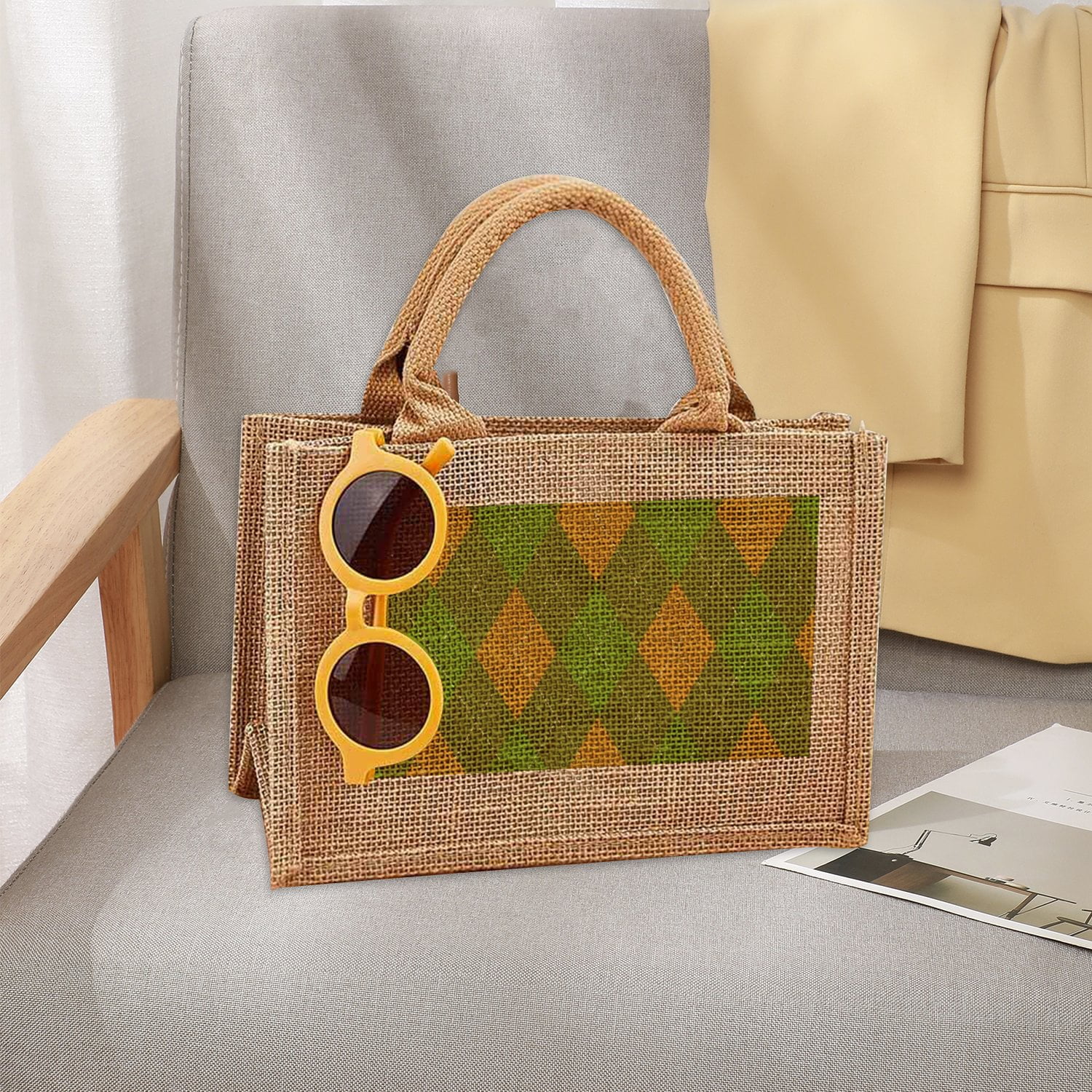 Highcool Jute Tote Bags Argyle Pattern Seamless Small Burlap Gift Bags with Handles Wedding Welcome Gift Bags Bridesmaid Gifts Party Gift Reusable Swag bags 1PC