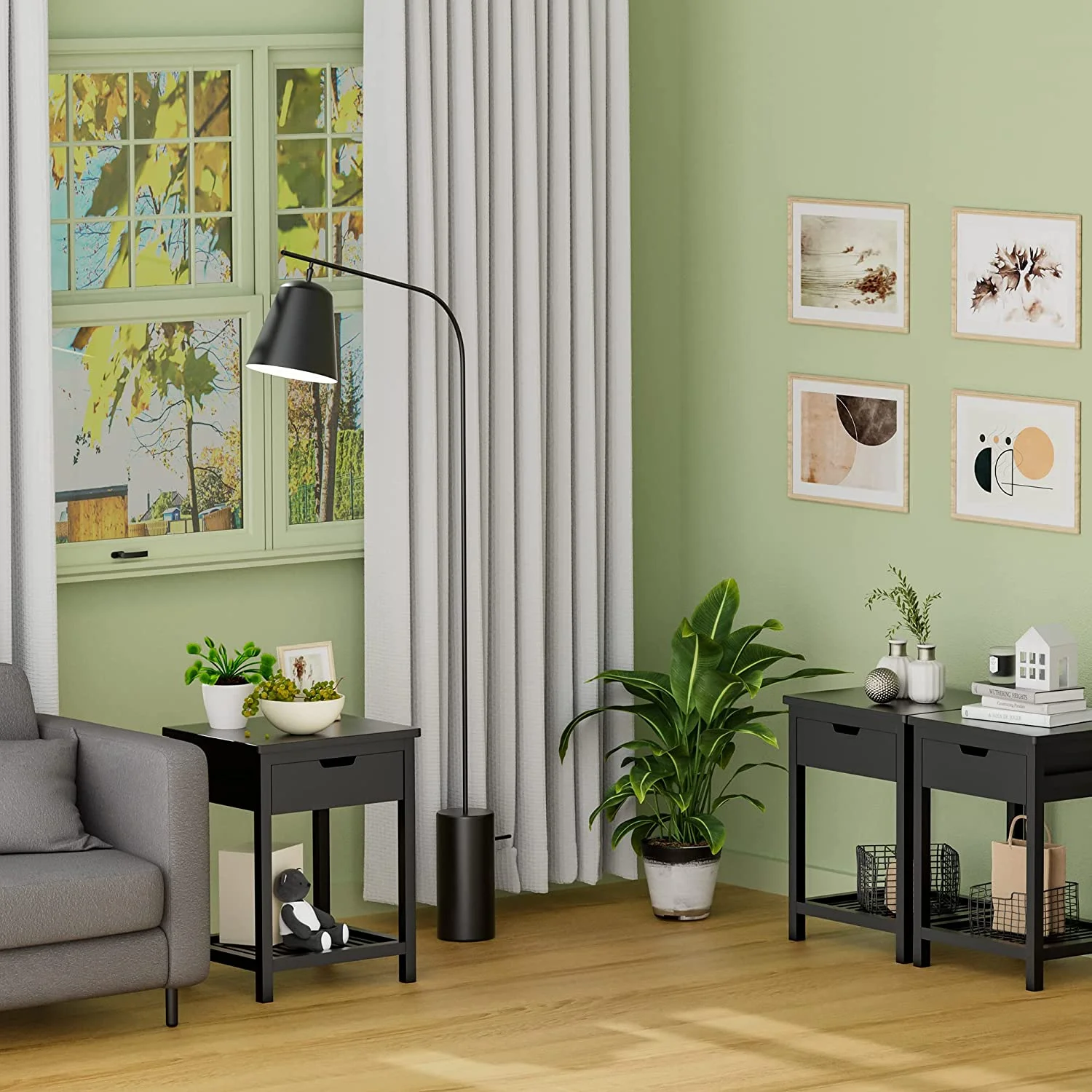 Nightstand with Drawer, Bamboo, Nightstand, Small Cabinet Black-