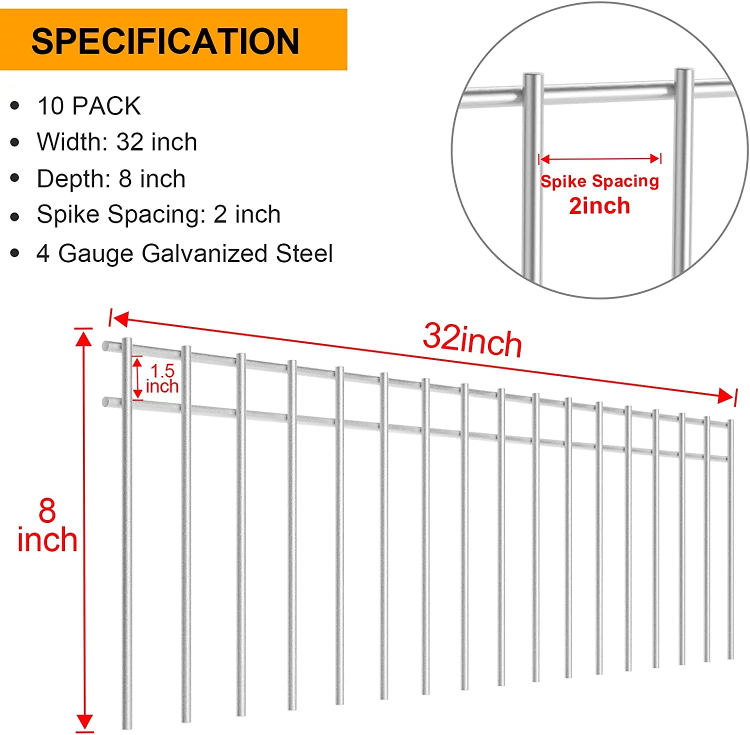 10 Pack Animal Barrier Fence with 1.5 inch Spike Spacing Underground Decorative Garden Fence 32inch x 8inch 4 Gauge Galvanized Steel Ground Stakes Fence for Outdoor Garden Yard Patio