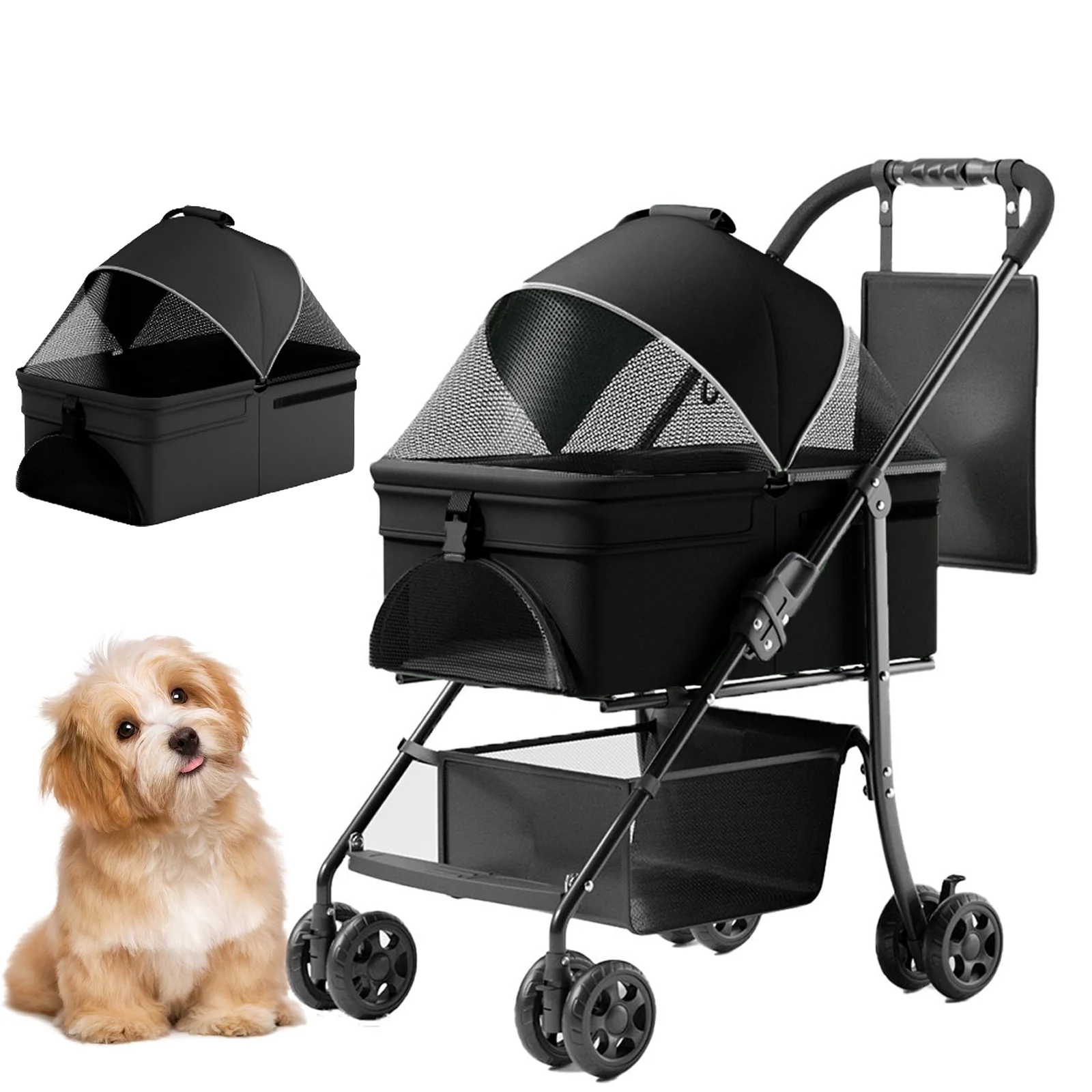 Pet Stroller for Cats/Dogs,3 in 1 Multifunction Lightweight Foldable Dog Stroller for Small Medium Dog Cat, Safety Tether+ Storage Basket + Cup Holder,Black