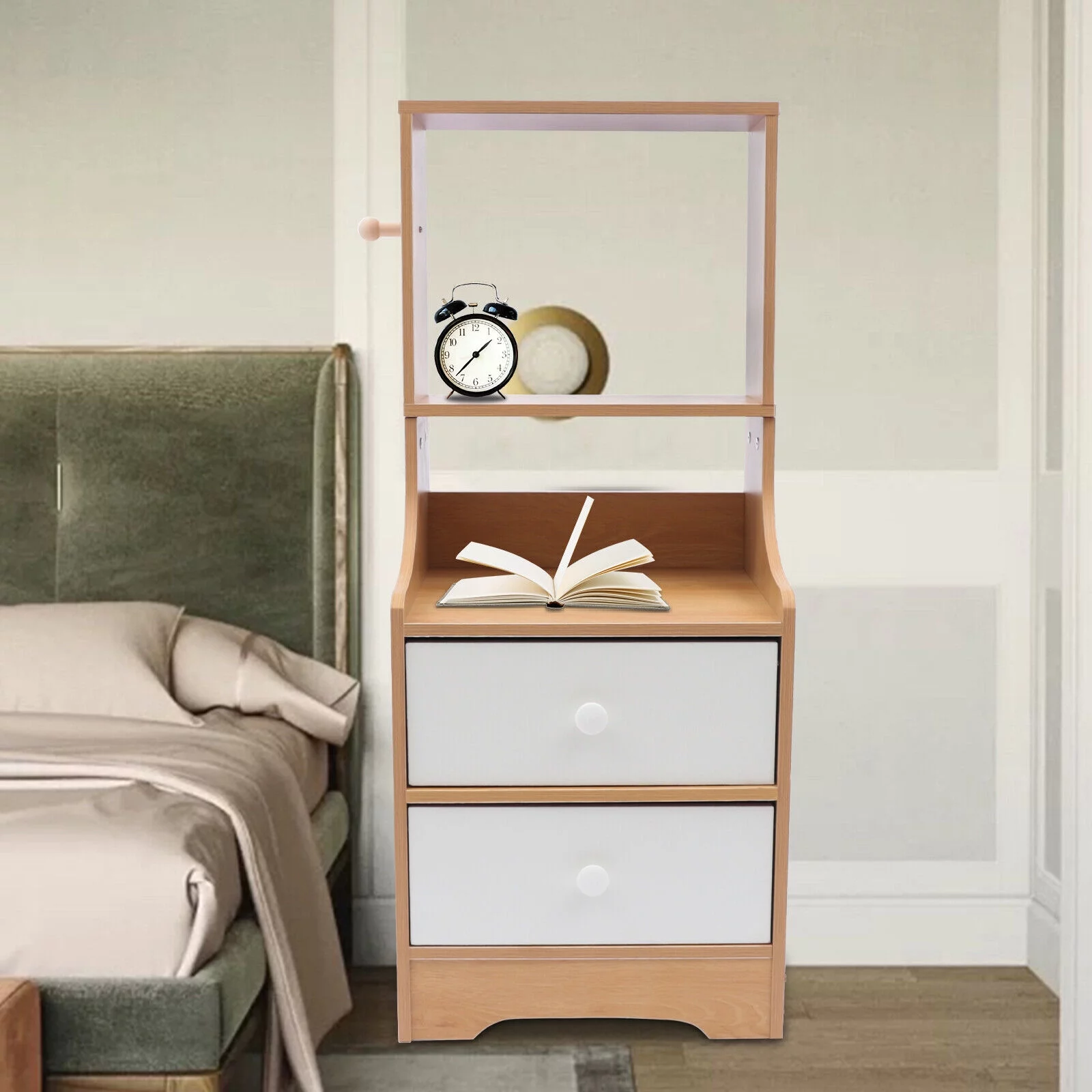 TFCFL Modern Tall Bedside Table Modern 2 IN 1 Nightstand with 2 Drawers+hat Hanging Hook