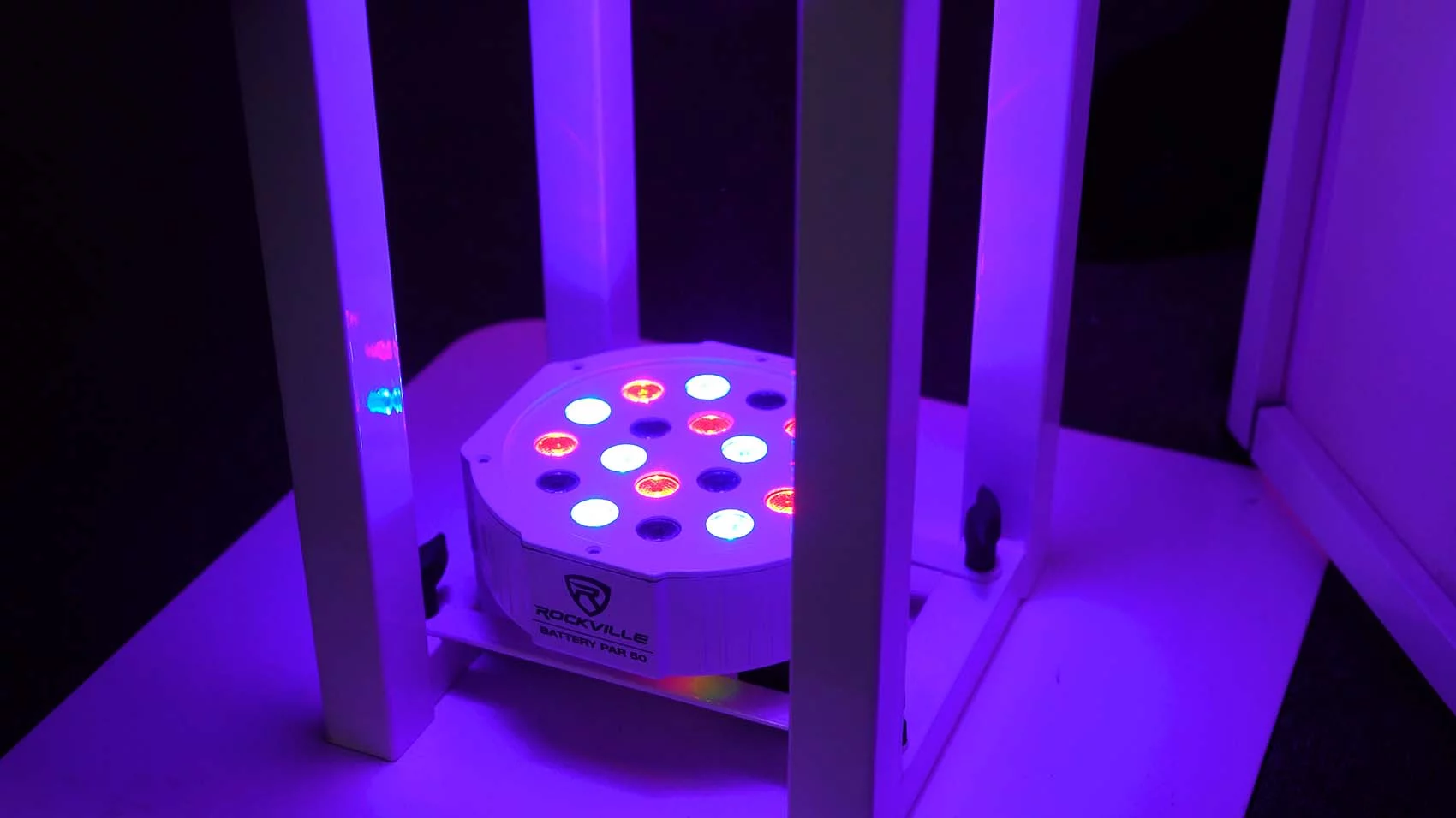 (2) Rockville 8 Ft. Totem Stands+DJ Facade+(4) Battery Powered Wash Up-Lights