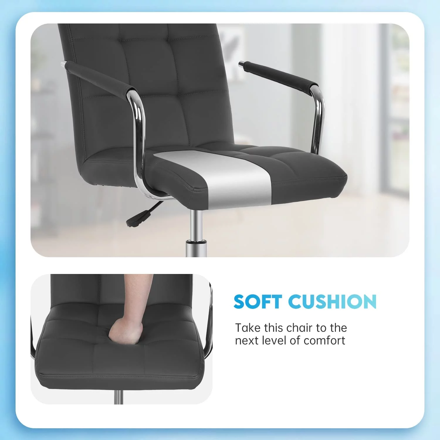 FDW Home Desk Chair PU Leather Makeup Chair with Armrest/Wheel 360°Swivel Height Adjustable,Grey