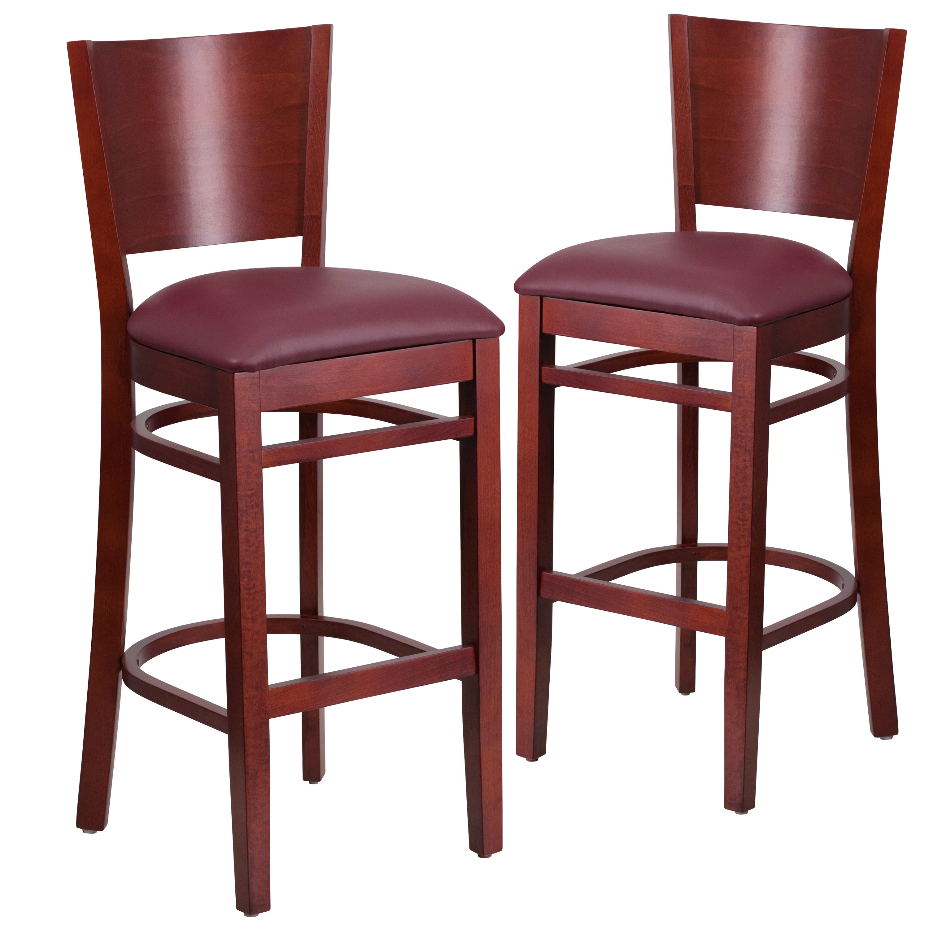 Flash Furniture 2 Pk. Lacey Series Solid Back Mahogany Wood Restaurant Barstool - Burgundy Vinyl Seat