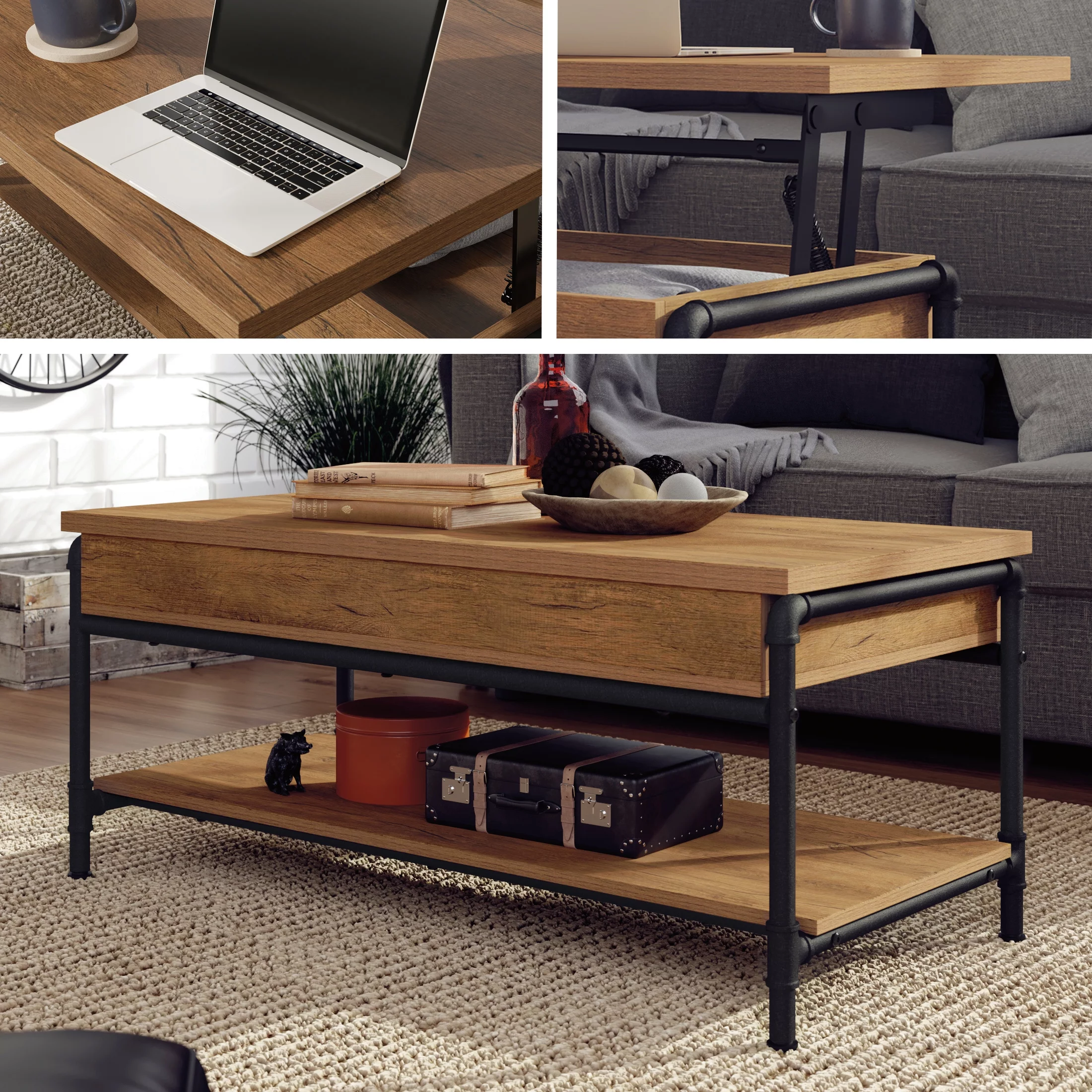 Sauder Iron City Industrial Pipe Lift-Top Coffee Table, Checked Oak Finish