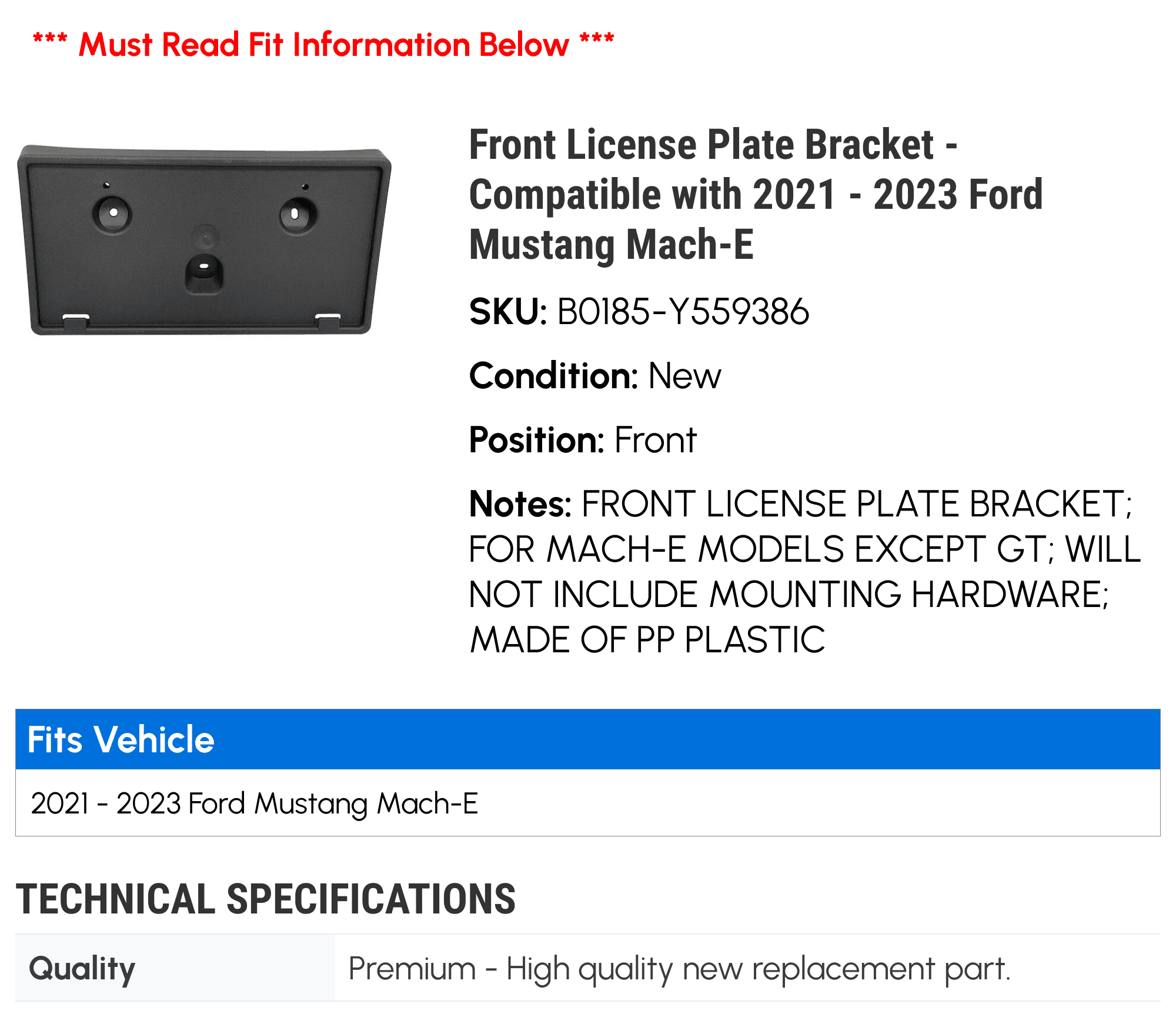 Front License Plate Bracket - Compatible with 2021 - 2023 Ford Mustang Mach-E 2022