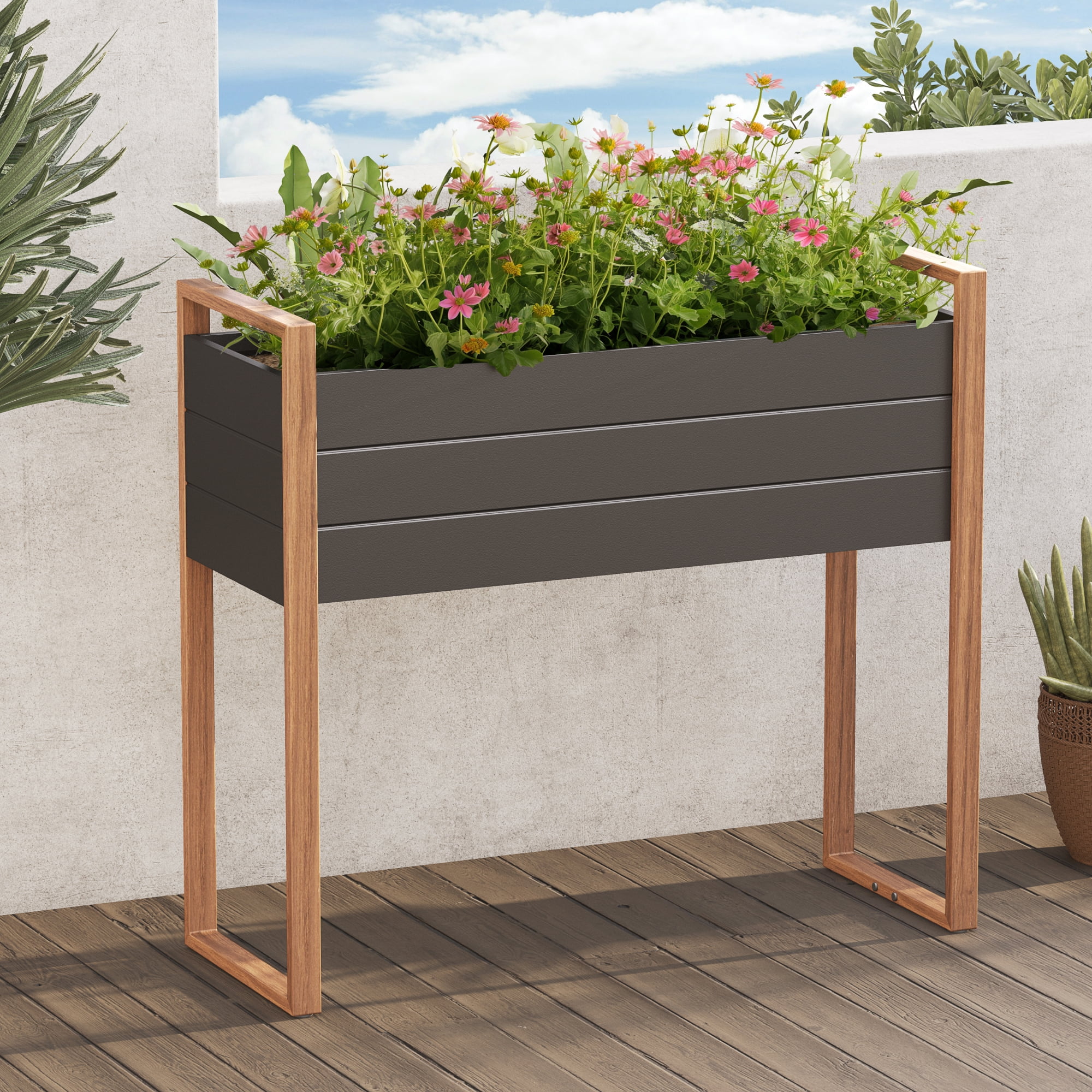 Grand Patio Metal Raised Garden Bed with Legs, Outdoor Raised Planter Box with Woodgrain Finish, Elevated Planter Box for Backyard, Patio, Balcony, 660lb Capacity, 39''L×15''W×36''H