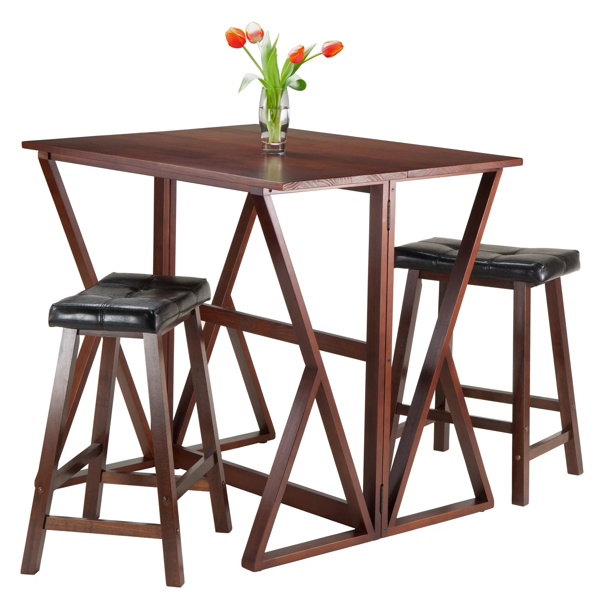 Winsome Wood Harrington 3-Pc Set, Drop Leaf Table & 2 Cushion Saddle Seat Counter Stools, Walnut Finish