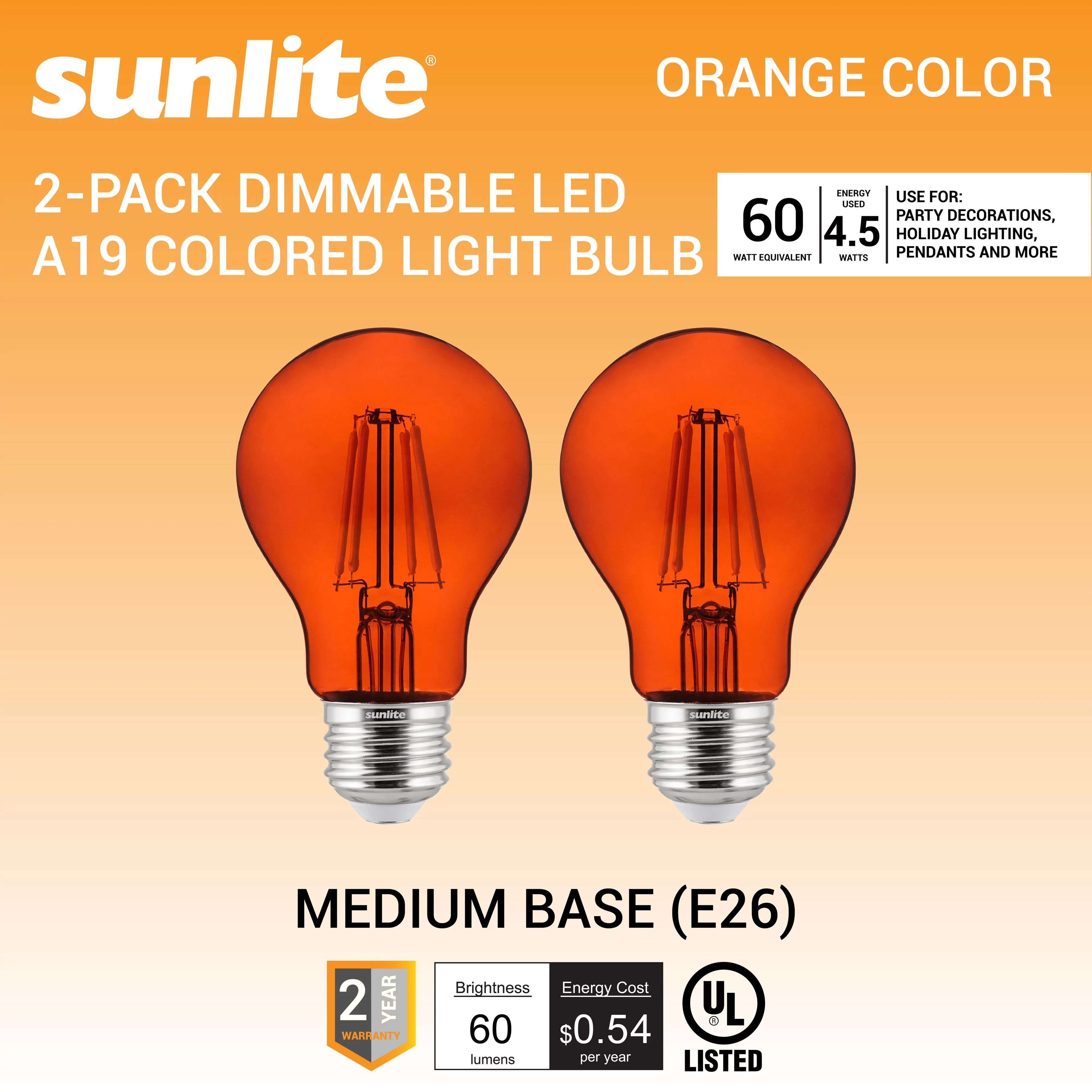 Sunlite LED Filament A19 Orange E26 Base 4.5W (60W Equivalent) Dimmable Light Bulb, 2 Count