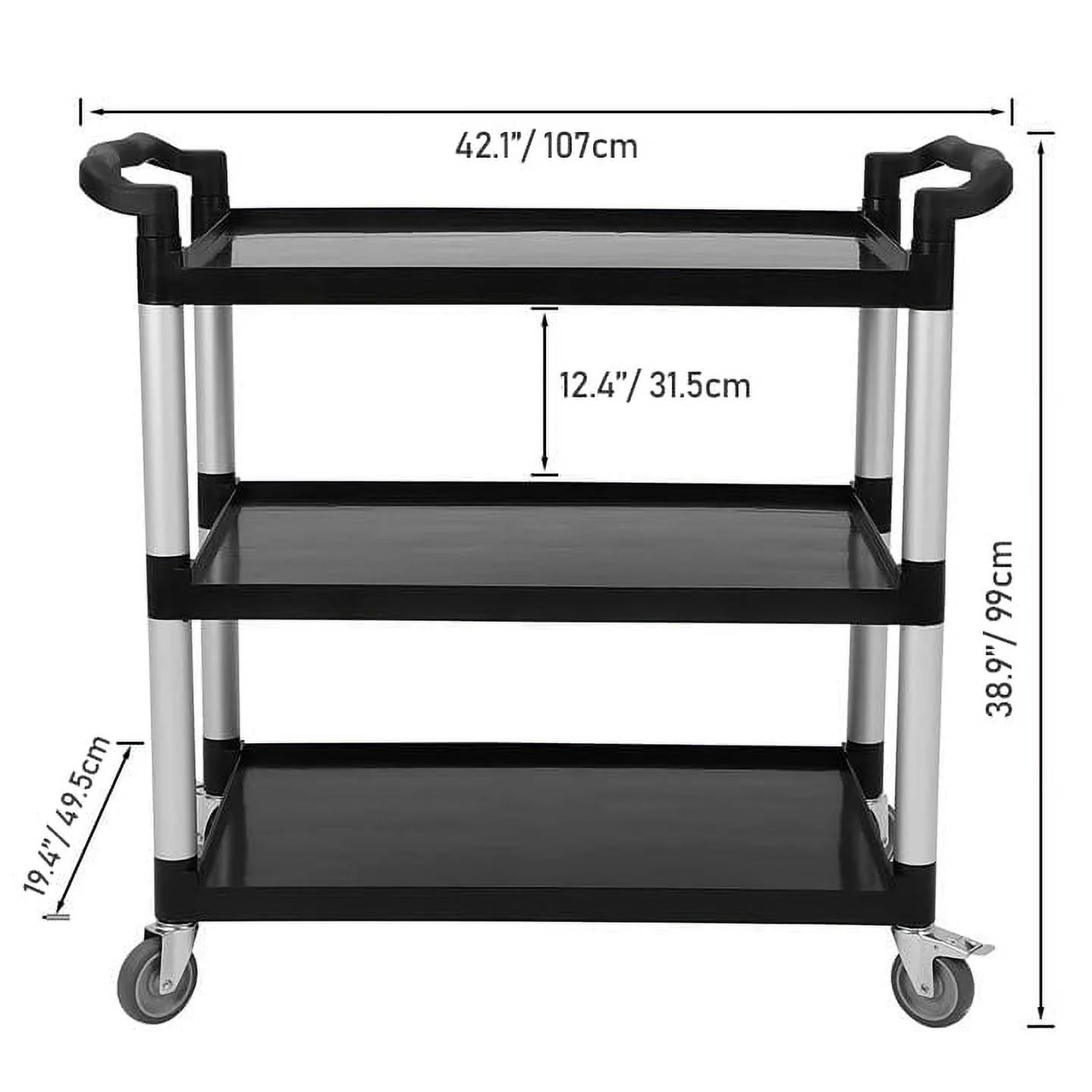 Service Cart Heavy Duty 3-Shelf Rolling Utility/Push Cart with Lockable Wheels, 360 lbs. Capacity, Black, for Foodservice/Restaurant/Cleaning (Black)
