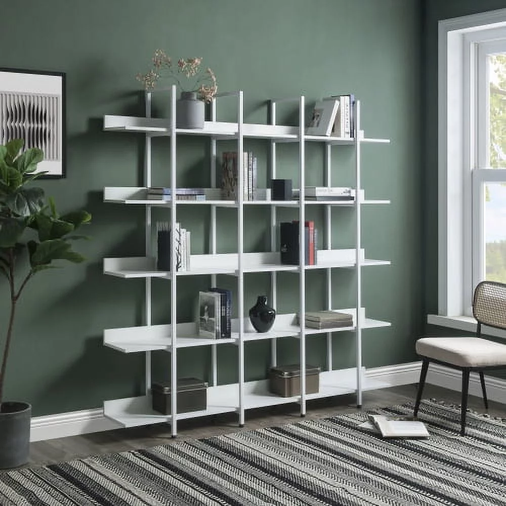 5 Tier Bookcase Home Office Open Bookshelf, Vintage Industrial Style Shelf with Metal Frame, MDF Board,White