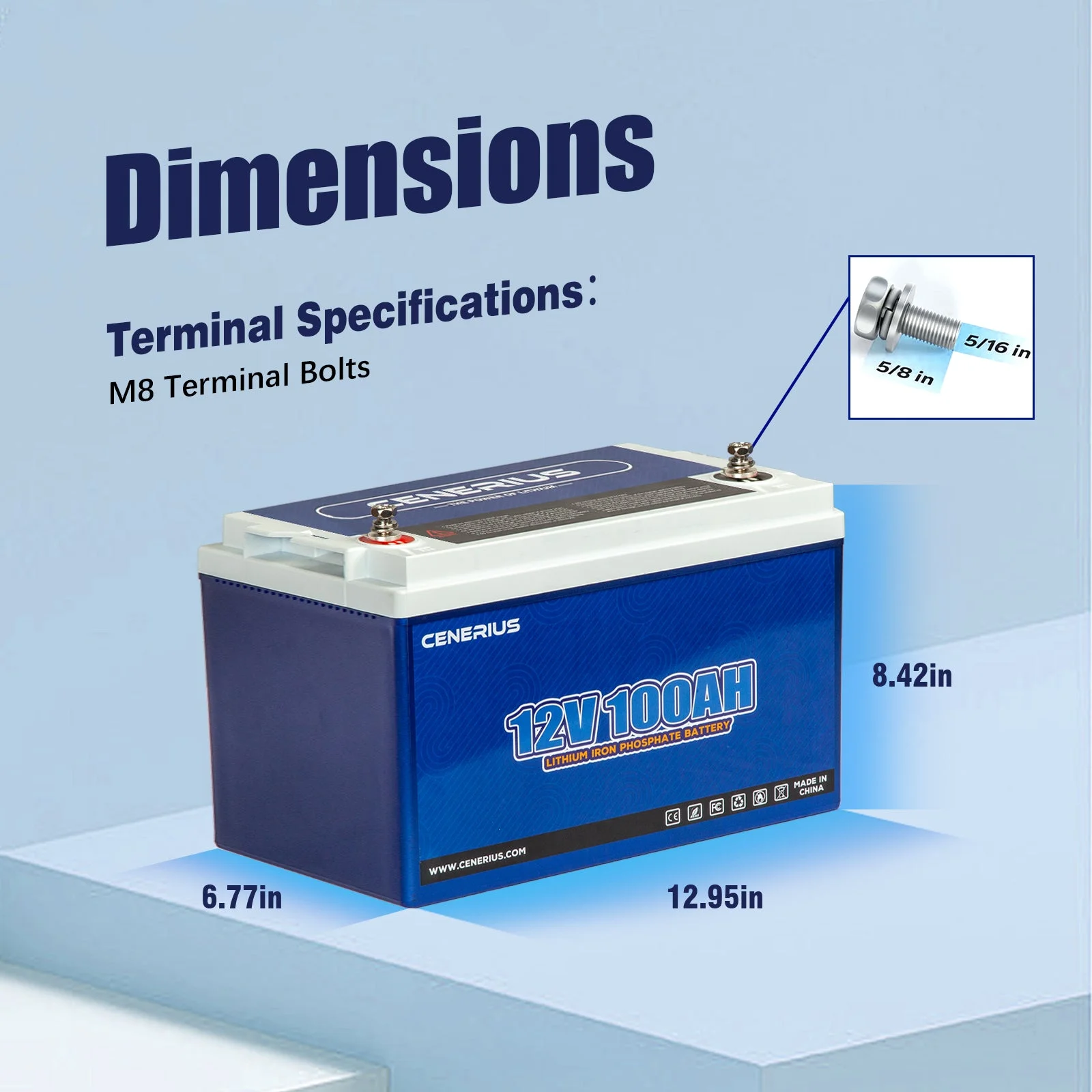 Cenerius 12V 100Ah LiFePO4 Lithium Battery,Built In 100A BMS,1280Wh Energy,High & Low Temp Protection Deep Cycle Rechargeable