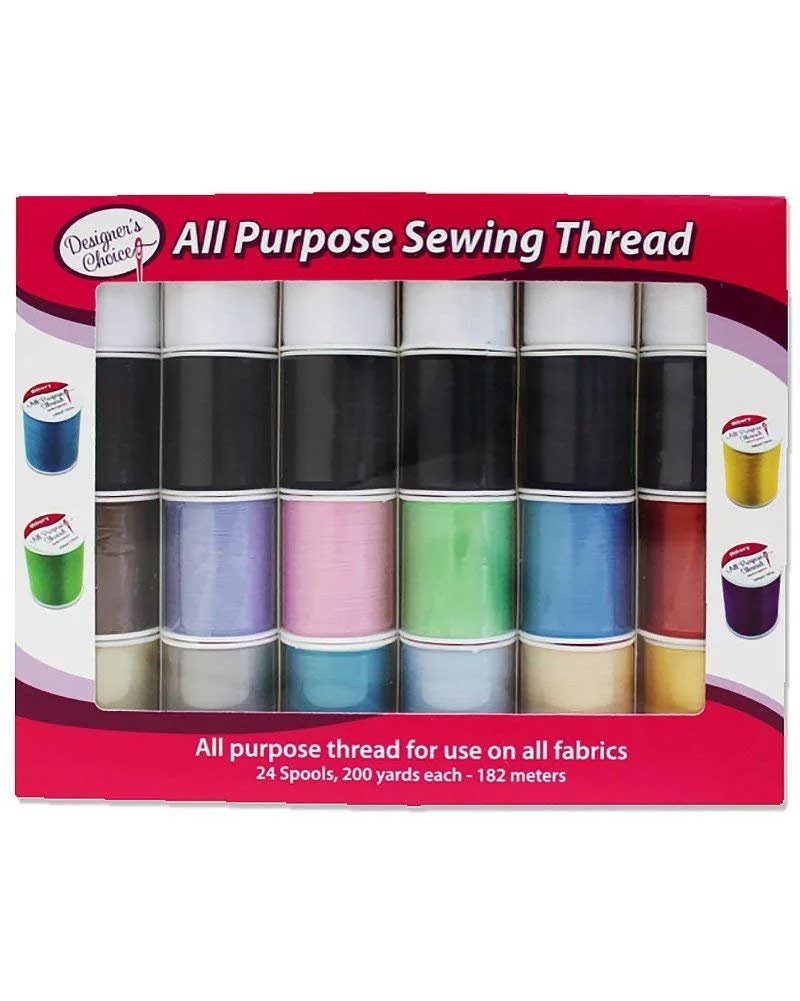 Allary 4857-GB Designers Choice All Purpose Polyester Sewing Thread Spools 200 Yards Each - Multicolored in Box - Multipack Bundles Set of 24 Spools