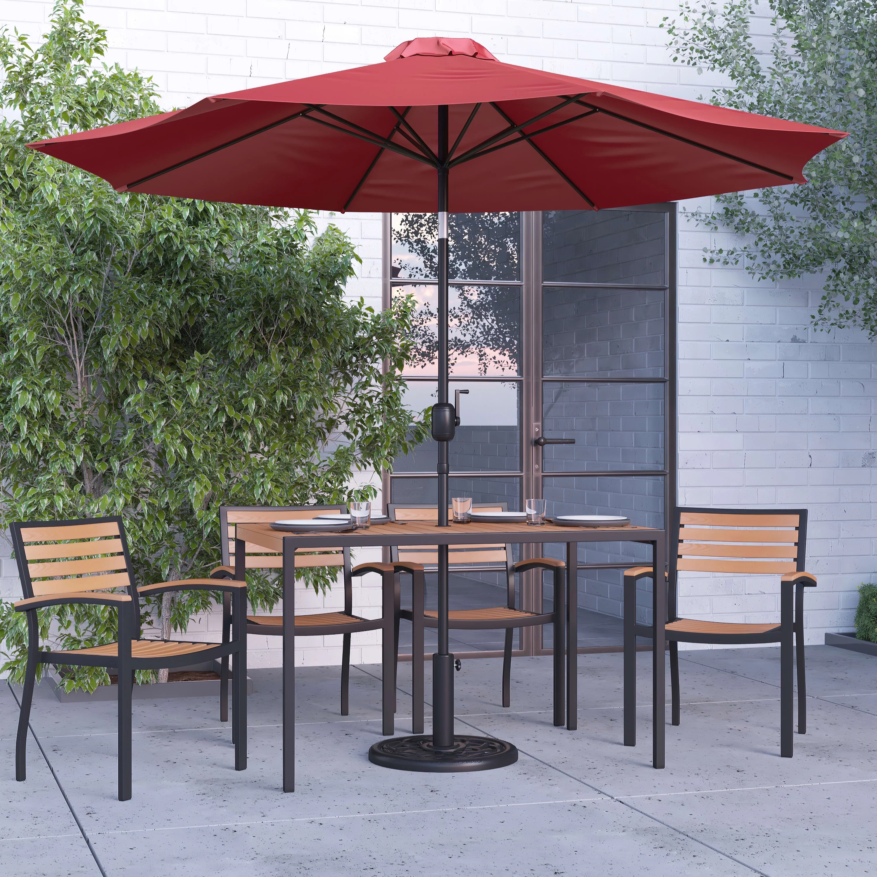 Merrick Lane 7 Piece Faux Teak Dining Set with Red Umbrella & Base - 30