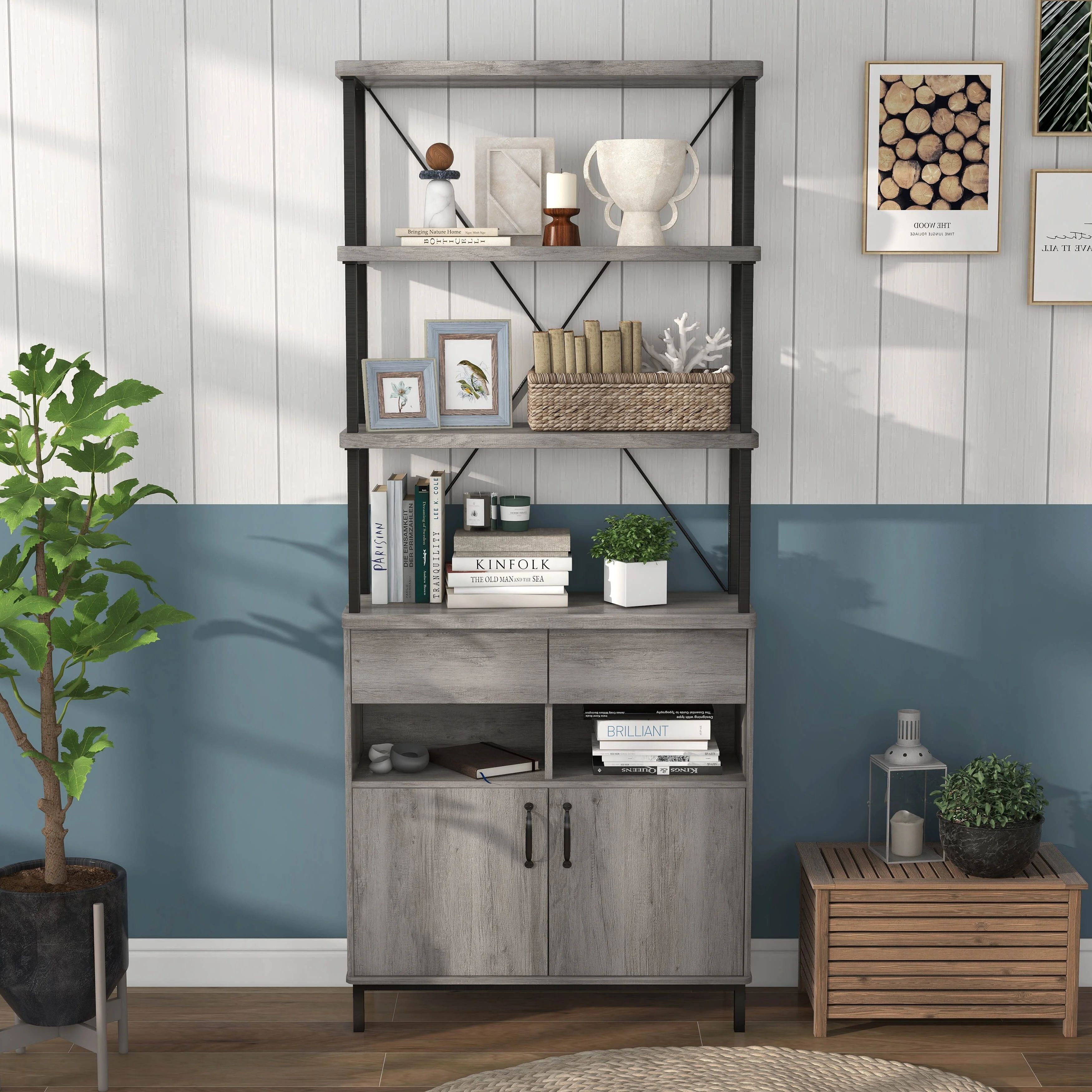 Denhour DH BASIC Farmhouse Vintage Grey Oak 5-Shelf and 2-Drawer 2-Cabinet Bookcase by