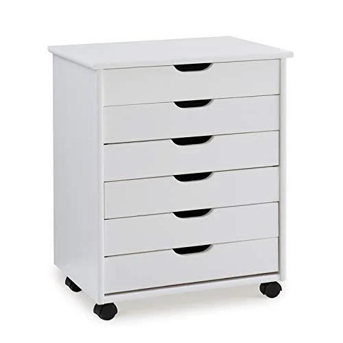 Riverbay Furniture Six Drawer Wide Wood Rolling Cart in White Wash