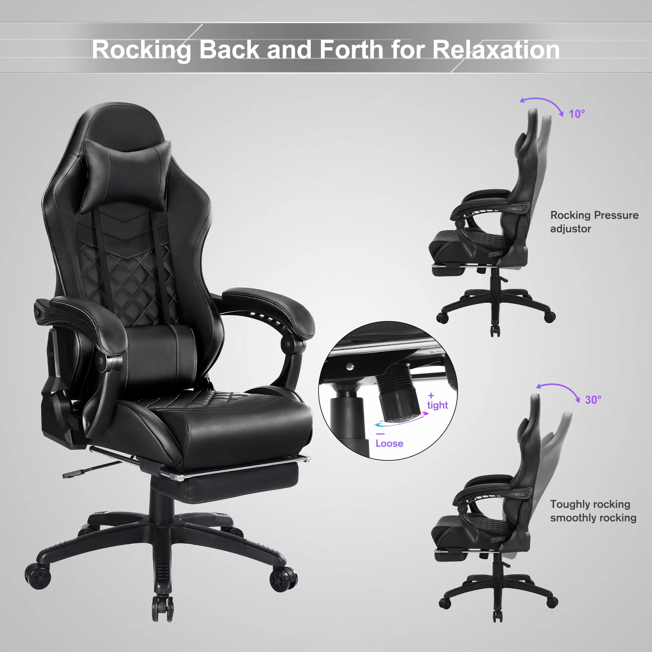 JONPONY Heavy Duty Gaming Chair with Footrest and Massage, 350LBS Reinforced Base, High Back Racing Computer Chair with Adjustable Linked Armrest, PU Leather Ergonomic Office Chair,Black