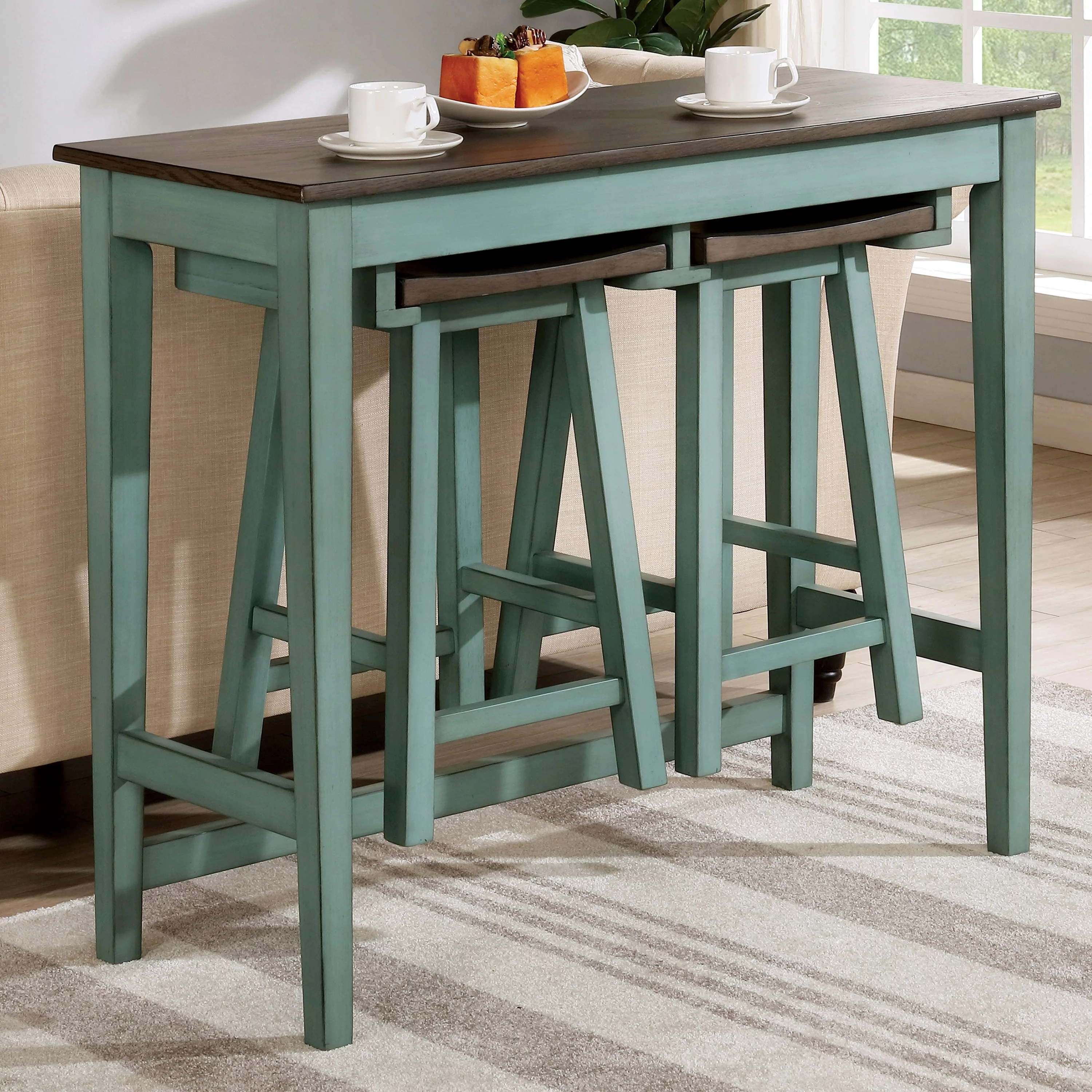 Furniture of America Tryst 3-Piece Wood Bar Set, Antique Teal and Gray