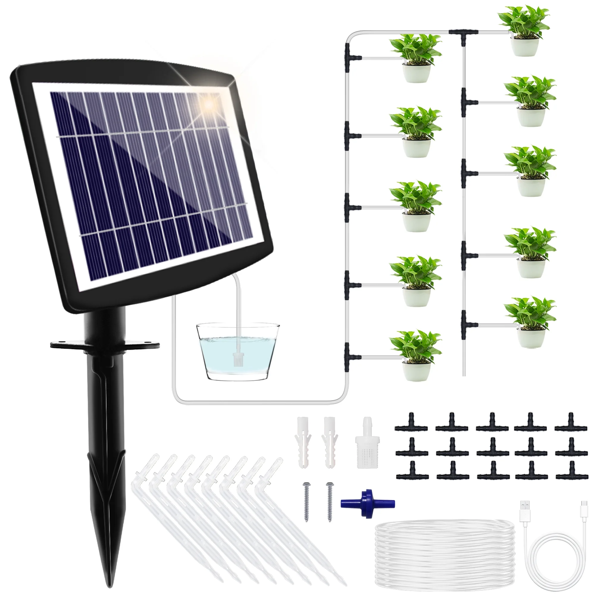 HXXF Solar Automatic Drip Irrigation Kit System, Solar Powered Auto Easy DIY Watering Device Supported Pots Plants, Multiple Timing Modes with Anti-Siphoning Device (Supported 10-15 Pots)