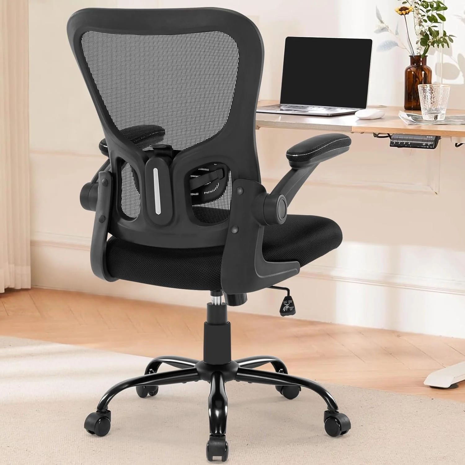 YILAN Office Chair Ergonomic Desk Chair, Mesh Computer Chair Home Office Desk Chairs with Lumbar Support, Adjustable Height and Flip-up Armrests, Swivel Executive Task Chair BIFMA Passed, Black