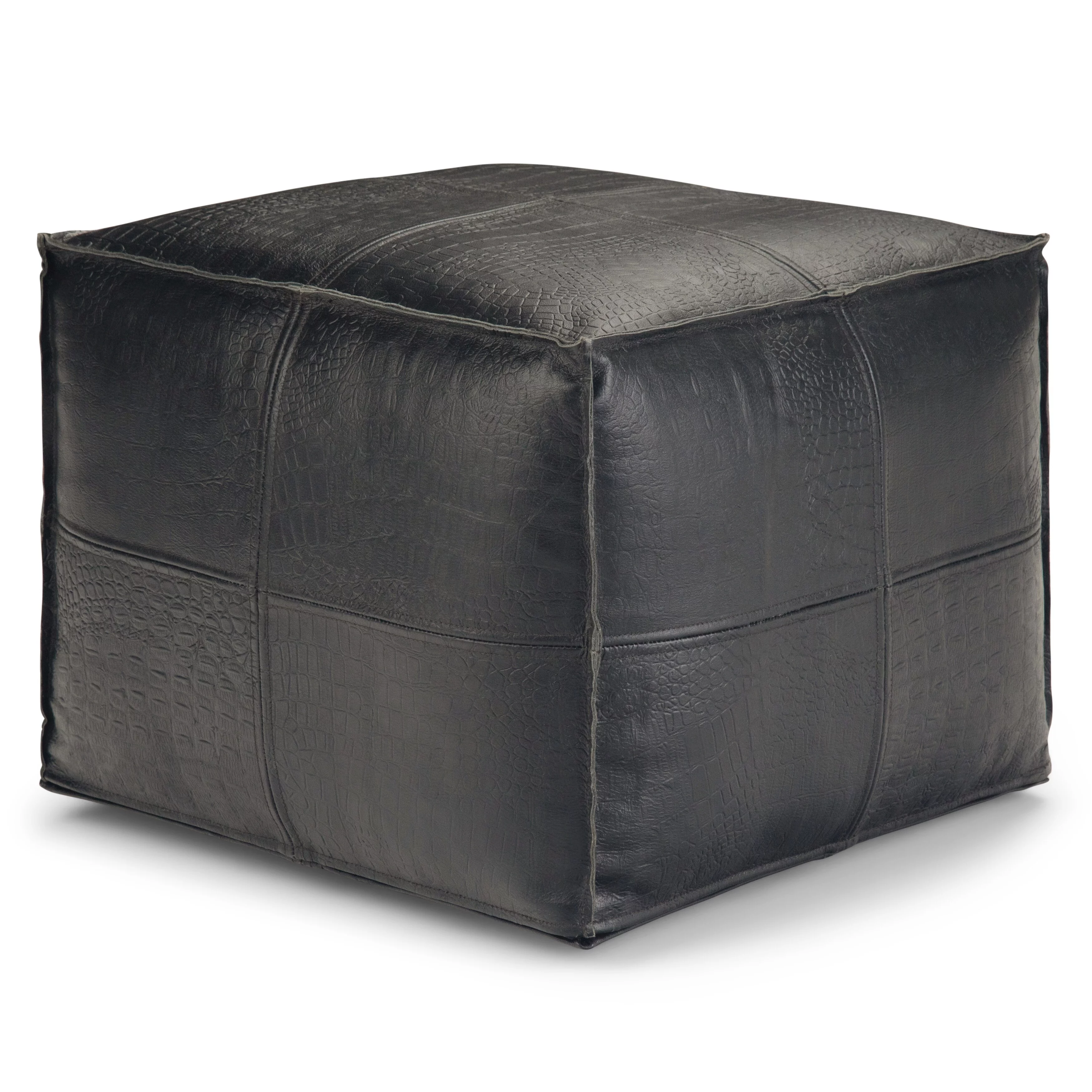 WyndenHall  Dennie Boho Square Pouf in Black Genuine Leather