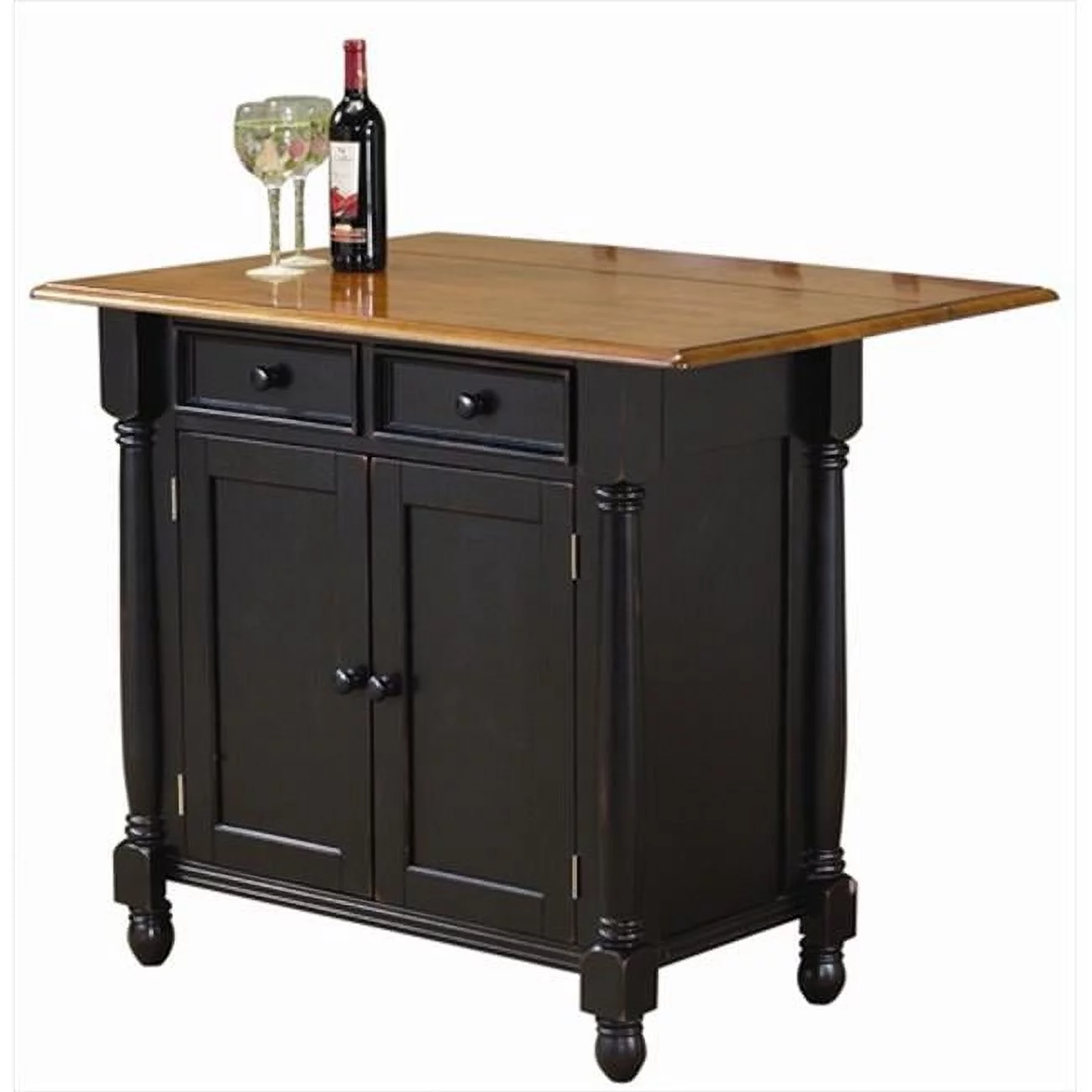 Sunset Trading Antique Black Kitchen Island with Cherry Drop Leaf Top