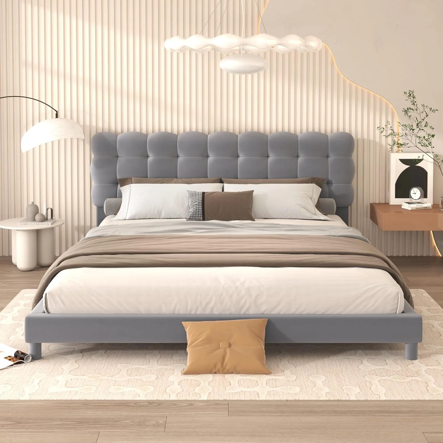 Queen Size Upholstered Bed With Soft Headboard, Platform Bed With Upholstered Headboard For Bedroom, Solid Wood Bed Frame With Support Legs, No Box Spring Needed, Gray